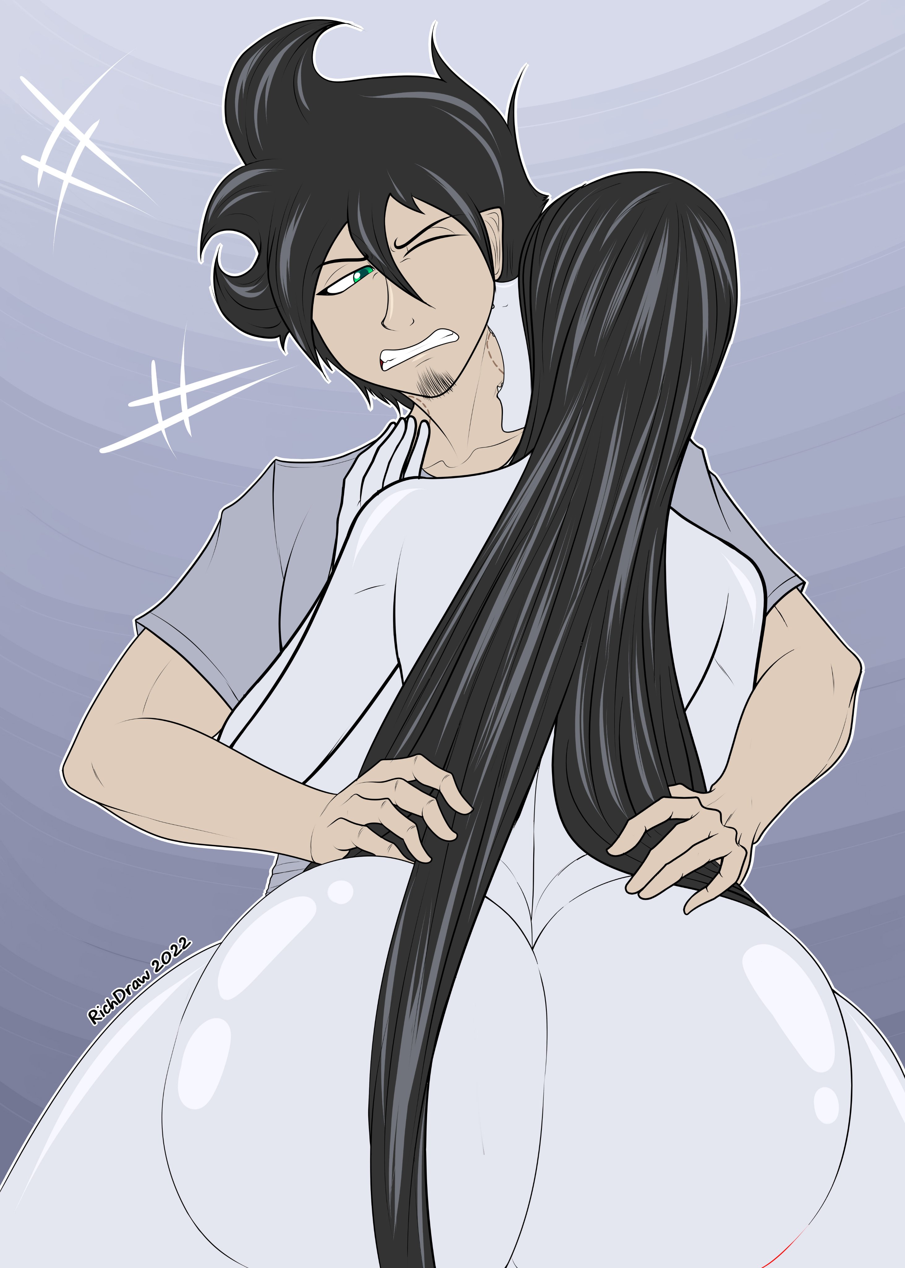 ass, big ass, big breasts, bite mark, biting, black hair, breasts, female, hourglass figure, huge ass, light skin, light-skinned female, long hair, male, neck bite, pale skin, pale-skinned female, rich (richdraw), richdraw, the ring, thick thighs, yamamura sadako