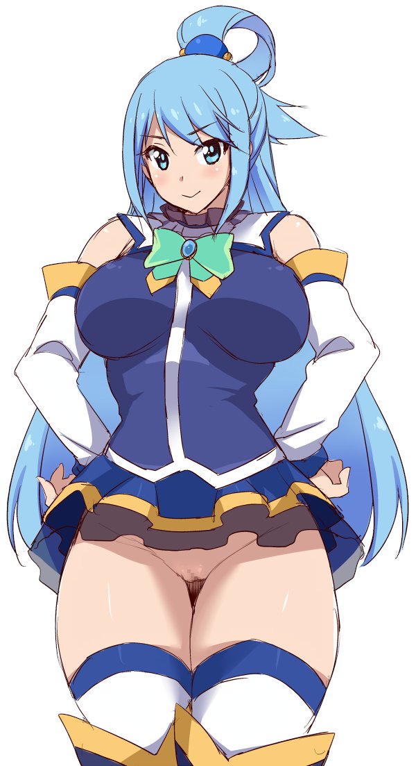 1girls aqua_(konosuba) big_breasts bottomless_skirt clothed female kono_subarashii_sekai_ni_shukufuku_wo! namidame no_panties pussy solo