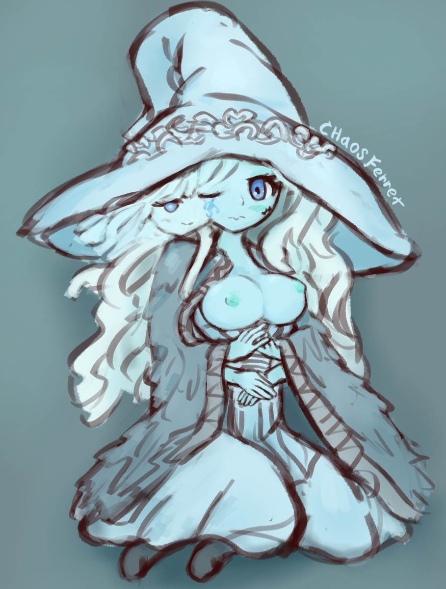 1girls, 4 arms, blue eyes, blue hair, blue skin, blush, breasts, elden ring, female, fromsoftware, multi arm, multi face, multi limb, nipples, ranni the witch, solo, witch