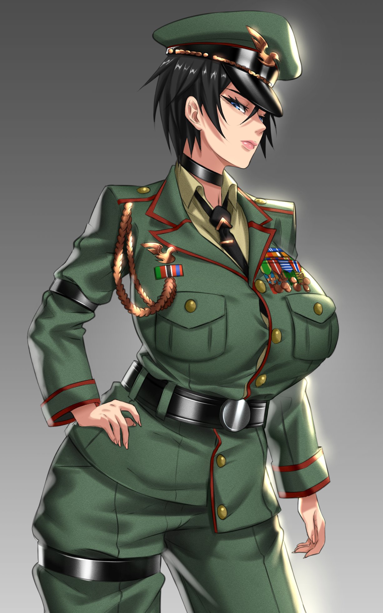 1girls, anima (togashi), big breasts, black hair, blue eyes, breasts, clothed, clothing, curvaceous, curvy, curvy body, curvy female, curvy figure, female, female focus, huge breasts, large breasts, military, military uniform, original character, short hair, soldier, solo, solo female, venus body, voluptuous