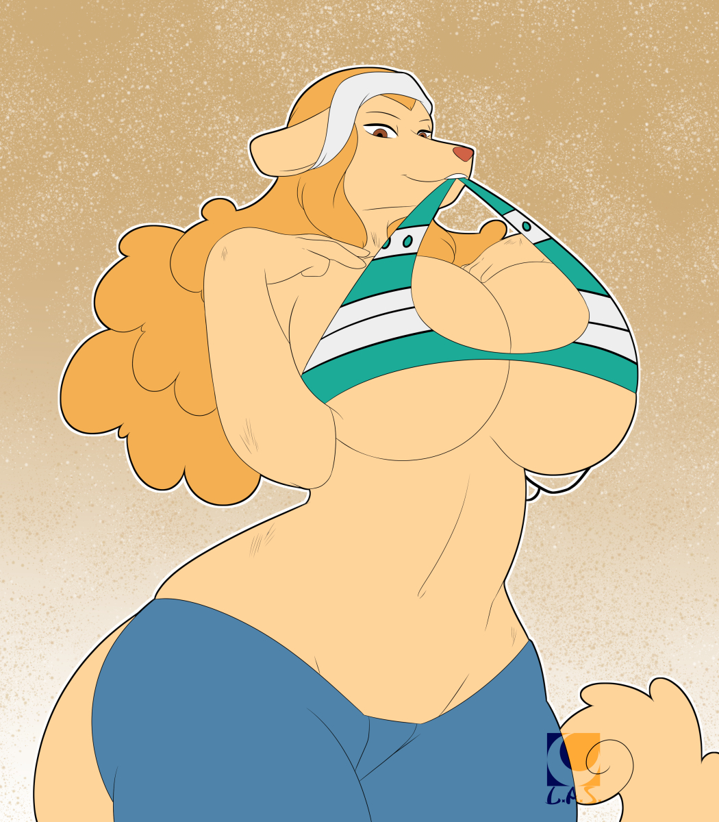 1girls, 2d, big breasts, biting bra, breasts, brown eyes, brown fur, female, female only, fur, hand on breast, long hair, looking at viewer, lunarartstudios (artist), nami (one piece) (cosplay), one piece, orange hair, pants, shounen jump, tagme, tail, thick thighs, wanda (one piece), watermark