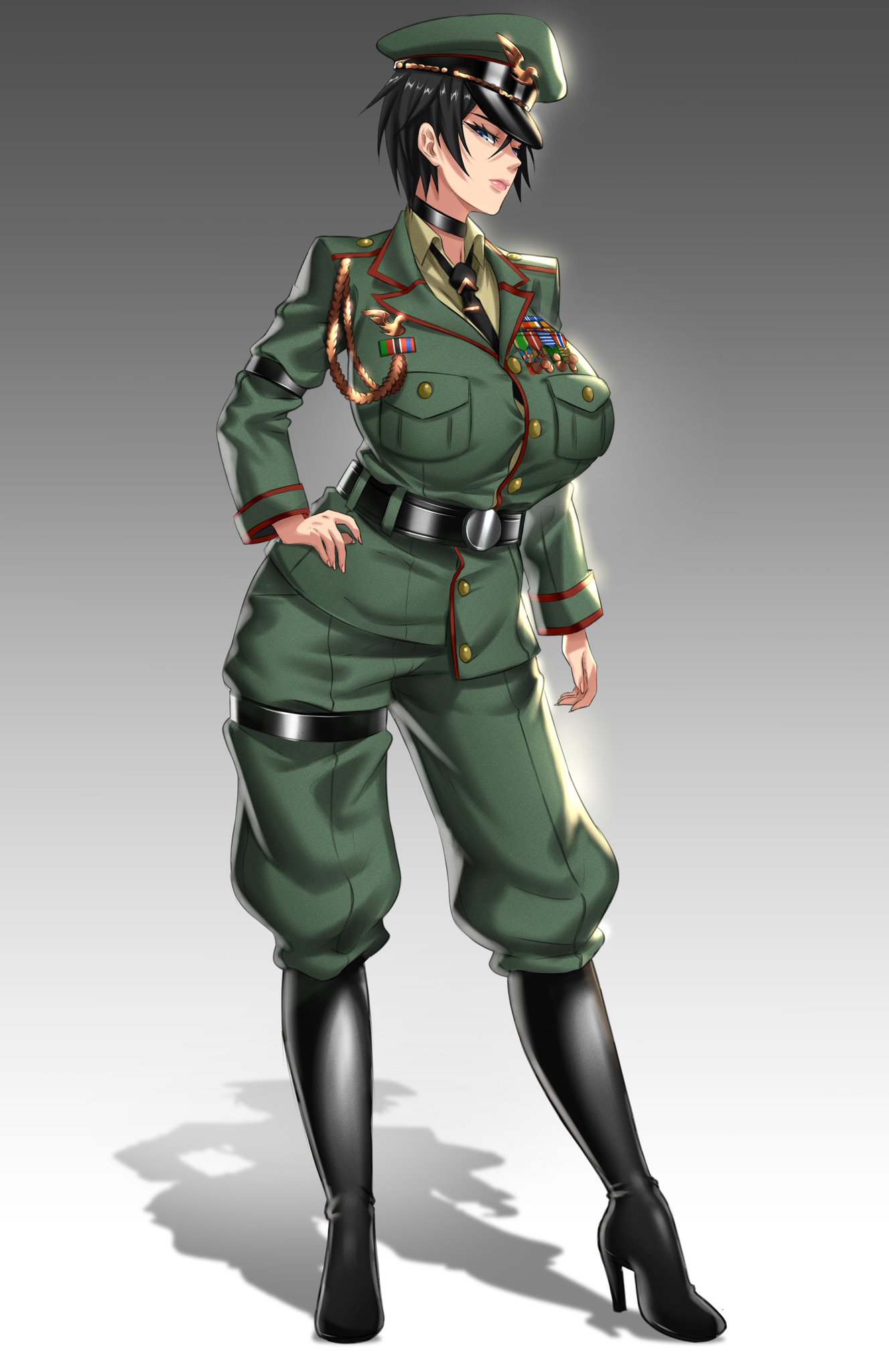 1girls, anima (togashi), big breasts, black hair, blue eyes, boots, breasts, clothed, clothing, curvaceous, curvy, curvy body, curvy female, curvy figure, female, female focus, heel boots, heels, huge breasts, large breasts, military, military uniform, original character, short hair, soldier, solo, solo female, venus body, voluptuous