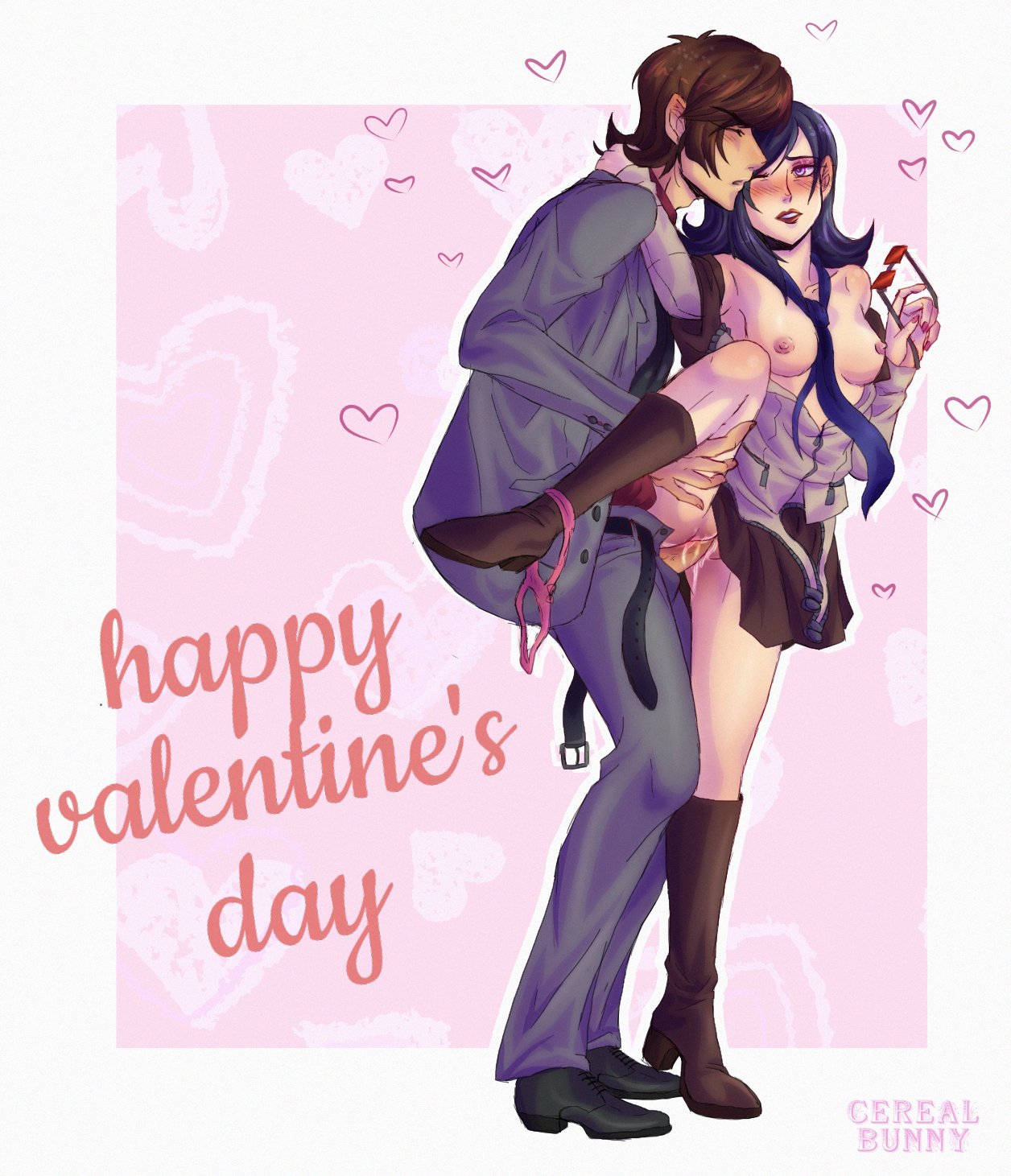 1boy 1girls black_hair boots breasts brown_hair female katsuya_suou male maya_amano megami_tensei penetration persona persona_2 persona_2_eternal_punishment sex standing straight suit valentine's_day