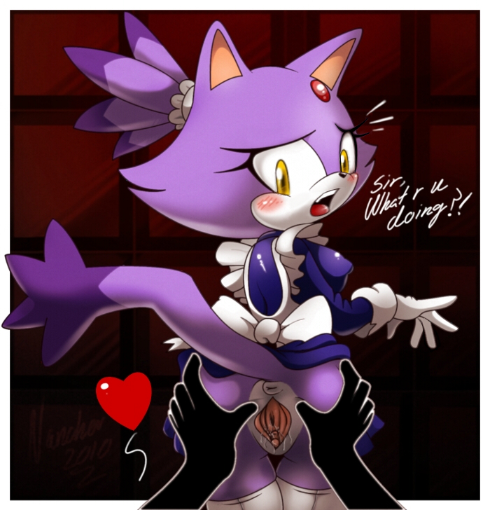 animal_tail anthro anus apron ass blaze_the_cat blush bottomless cat_ear erect_nipples furry gloves heart maid maid_outfit nancher nervous no_panties pov pussy pussy_juice sonic_(series) sonic_the_hedgehog_(series) spread_ass spread_pussy stockings wet_pussy yellow_eyes