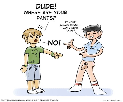 2boys artist_name average_sized_penis black_hair blue_shirt bottomless brown_hair c-atomic character_name childatomic closed_eyes flaccid_penis green_shirt jean_shorts male_only pointing_at_another pubic_hair refusal scott_pilgrim scott_w_pilgrim short_sleeved_shirt socks t-shirt tagme thick_penis uncut wallace_wells white_background wristbands