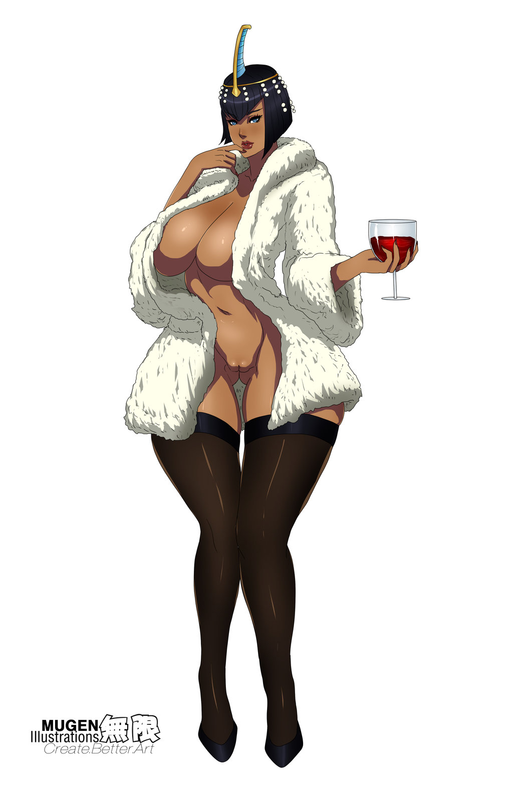 1girls, black hair, blue eyes, bob cut, breasts, cleavage, coat, dark skin, dark-skinned female, egyptian, eliza (skullgirls), female, hair ornament, large breasts, mugenillustrations, navel, open clothes, pussy, short hair, skullgirls, solo, standing, thighhighs, wine