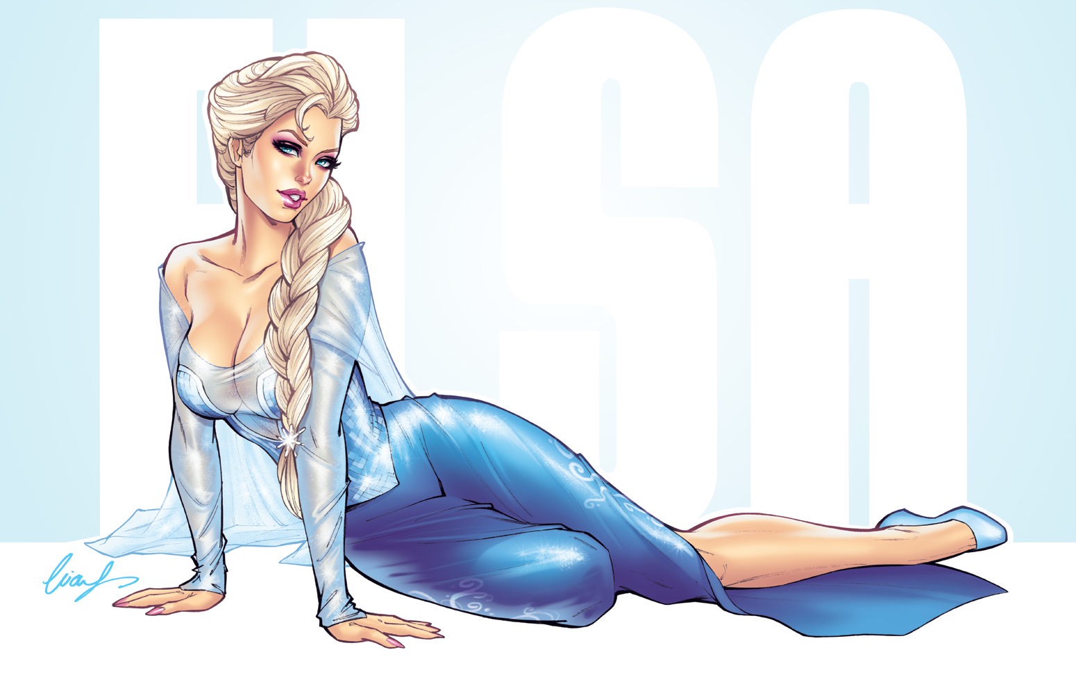 1girls, 2014, 2d, blonde hair, blue eyes, braid, breasts, cleavage, clothed, disney, dress, elias chatzoudis, elsa (frozen), eyeshadow, female, female only, frozen (film), hair, human, human only, large breasts, lipstick, looking at viewer, posing, see-through, sfw, single braid, sitting, smile, solo, solo female