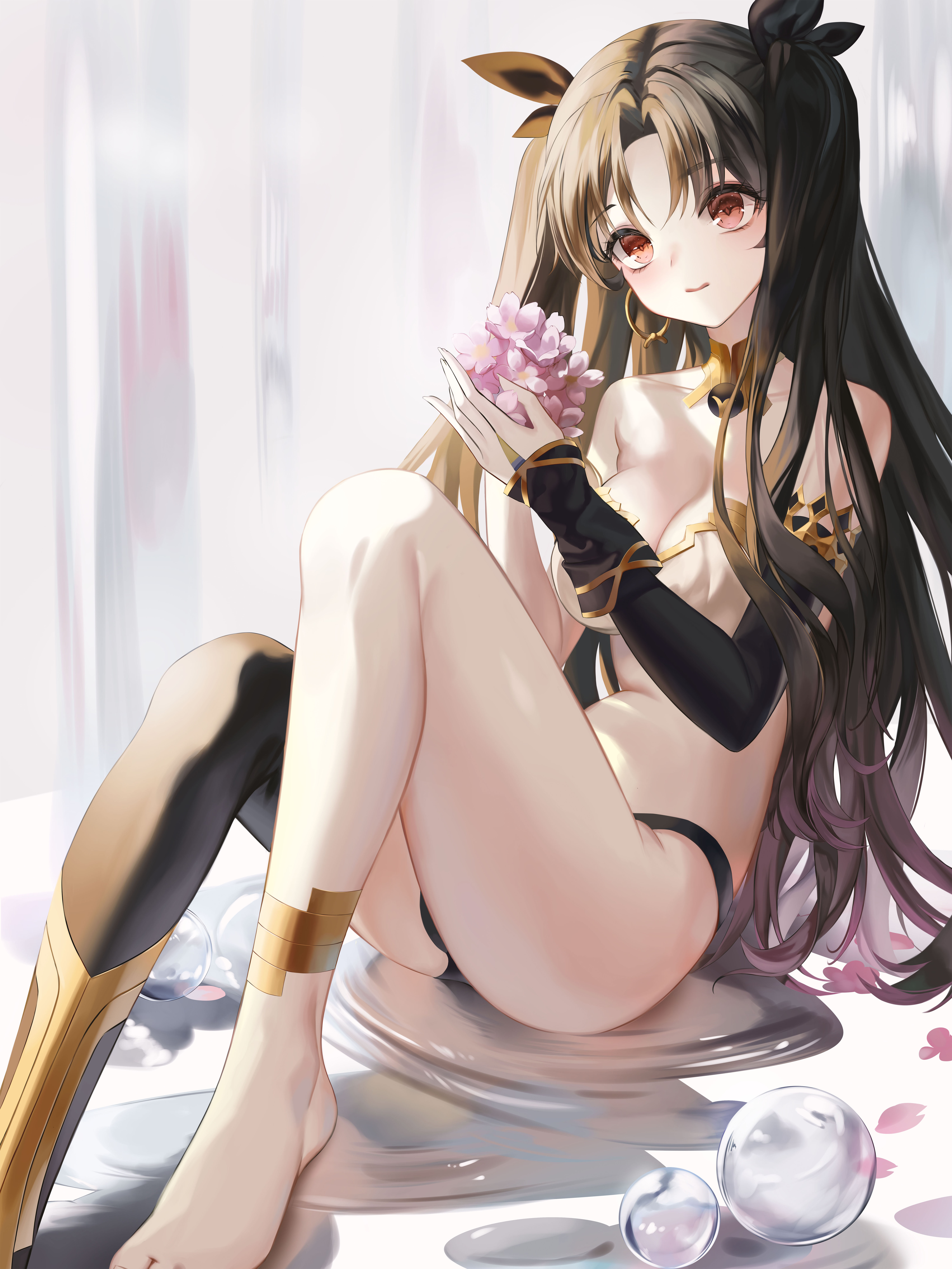 1girls, absurdres, artist request, black hair, dress, fate (series), fate/grand order, female, fringe, headdress, ishtar (fate), long hair, red eyes, smile, twintails