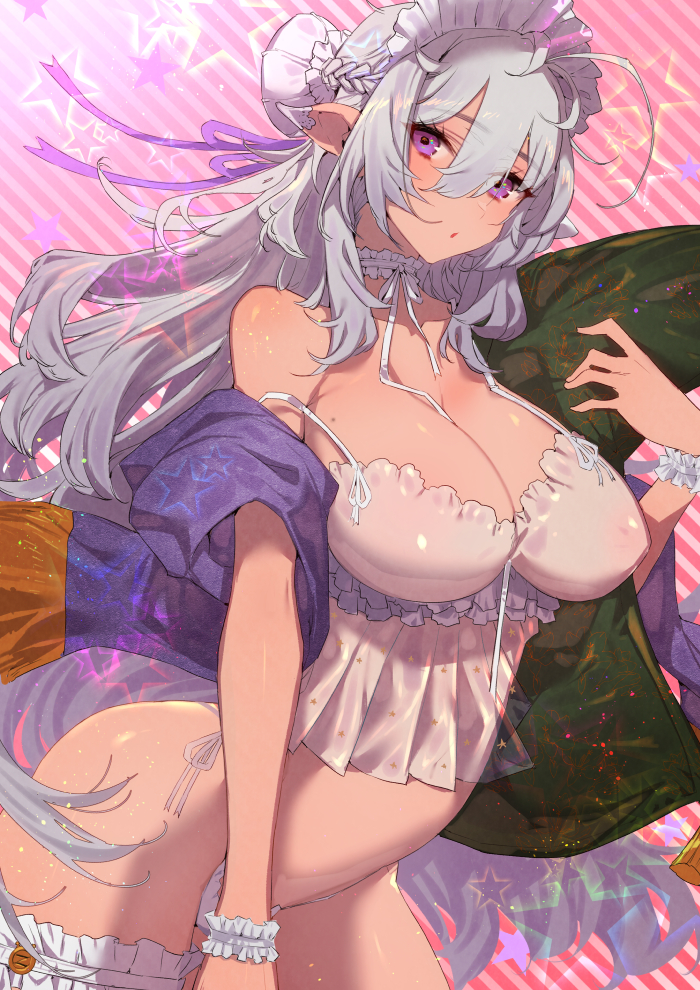 1girls, arched back, bangs, bare legs, bare midriff, bare shoulders, bare thighs, barely clothed, barely visible genitalia, braid, braided hair, breasts, choker, dark skin, dark-skinned female, eyebrows visible through hair, eyelashes, female, female focus, female only, frills, hair between eyes, hair bun, hair ribbon, head tilt, long hair, looking at viewer, looking to the side, maid, maid headdress, mole on breast, nipple bulge, nipples, nipples visible through clothing, particles (artist), purple eyes, ruffles, see-through, see-through clothing, sole female, solo, solo female, solo focus, tan skin, tanned, thick thighs, thigh strap, thighs, white panties