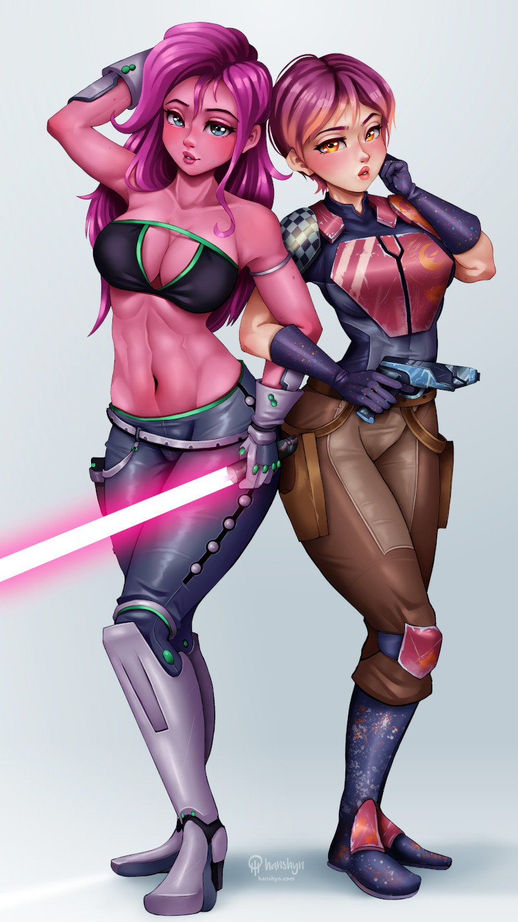 2girls arm_band armor armored_boots armored_gloves artist_signature belly_button big_breasts blue_eyes blush breastplate breasts cleavage cleavage_cutout clothed collarbone eyebrows_visible_through_hair eyelashes feet female female_only gloves gun hanshyn hips holster leather_pants lightsaber long_hair mandalorian mandalorian_armor multicolored_hair multiple_girls navel nipples pink_hair pink_skin sabine_wren short_hair shoulder_pads simple_background standing star_wars star_wars_rebels thighs weapon zeltron