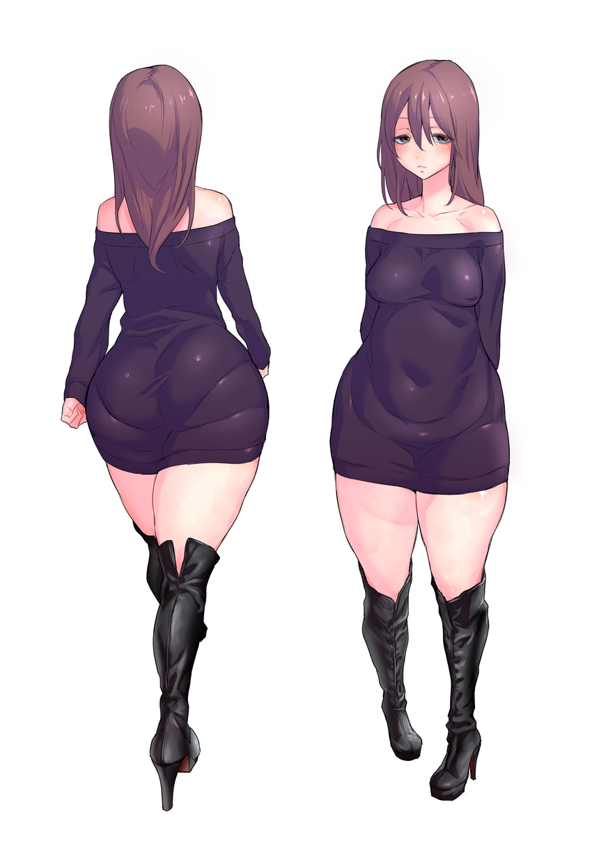 ass, ass in dress, bare shoulders, boots, breasts, brown hair, female, high heels, highres, huge ass, iku (ikuchan kaoru), long hair, looking at viewer, medium breasts, original, pout, simple background, succubus (iku), thick thighs, thighs, white background