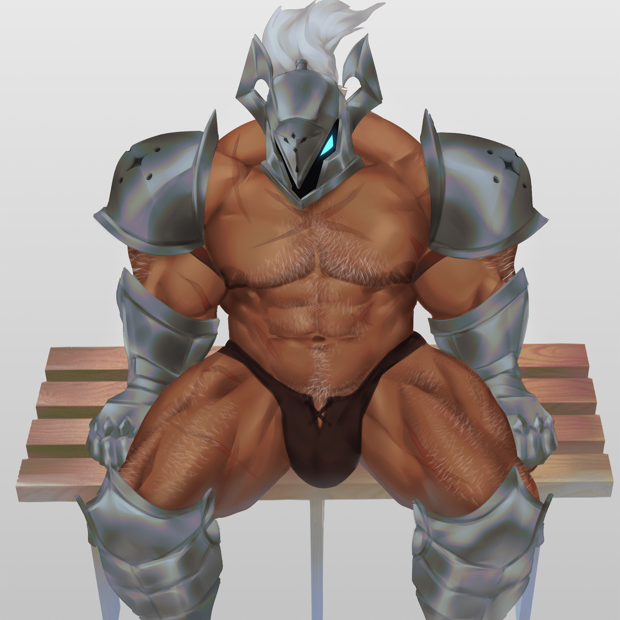 armor, bara, bench, body hair, bulge, bulge through clothing, cookie run, dark skin, dark-skinned male, hairy, hairy arms, hairy chest, hairy legs, hairy male, helmet, knight, male, male only, nipples, obscured face, older male, partially clothed, pubic hair, scars, simple background, sitting, tea knight cookie, thong, underwear, yaoi