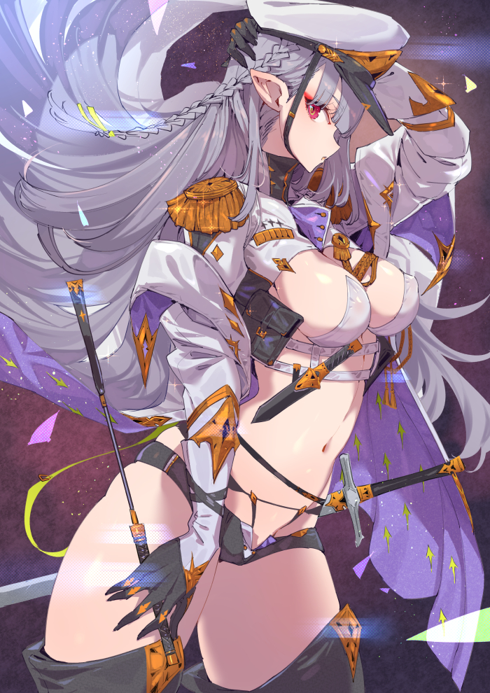 1girls animal_ears bangs bare_midriff bare_thighs belly_button blue_eyes braid braided_hair breasts cleavage clothing dagger elf elf_ears elf_female eyeshadow female female_focus female_only gloves grey_hair hand_on_head holding holding_object holding_weapon large_breasts long_hair long_sleeves looking_at_viewer looking_to_the_side midriff navel nipple_bulge nipples nipples_visible_through_clothing one_eye_visible open_clothes open_clothing open_fly particles_(artist) pauldrons pointy_ears police police_baton police_hat red_eyes red_eyeshadow short_shorts shorts side_view sideboob sole_female solo solo_female solo_focus sword tagme thick_thighs thighhighs thighs very_long_hair weapon wide_hips