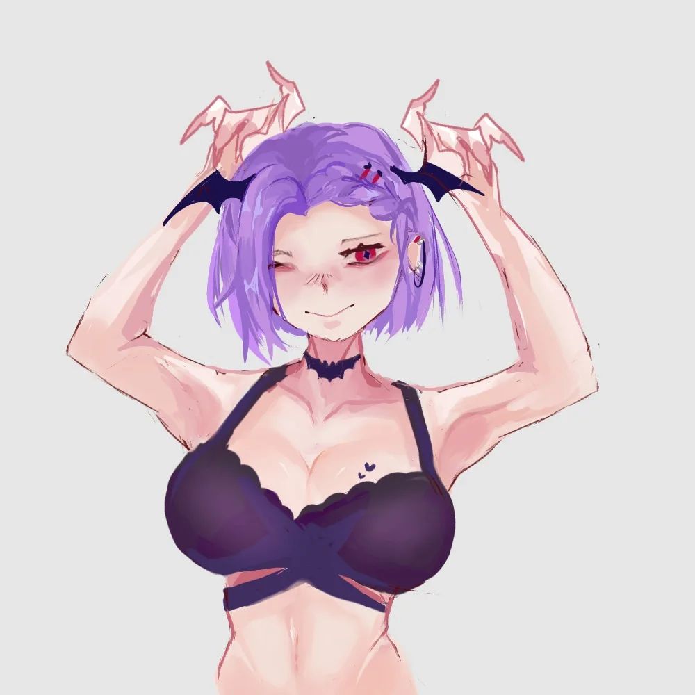 1girls bat bat_ears bat_wings big_breasts female female_focus female_only half-closed_eyes half-dressed half_body half_dressed half_naked heart heart_tattoo hwangso-02 mythia_batford purple_hair red_eyes sharp_claws short_hair virtual_youtuber