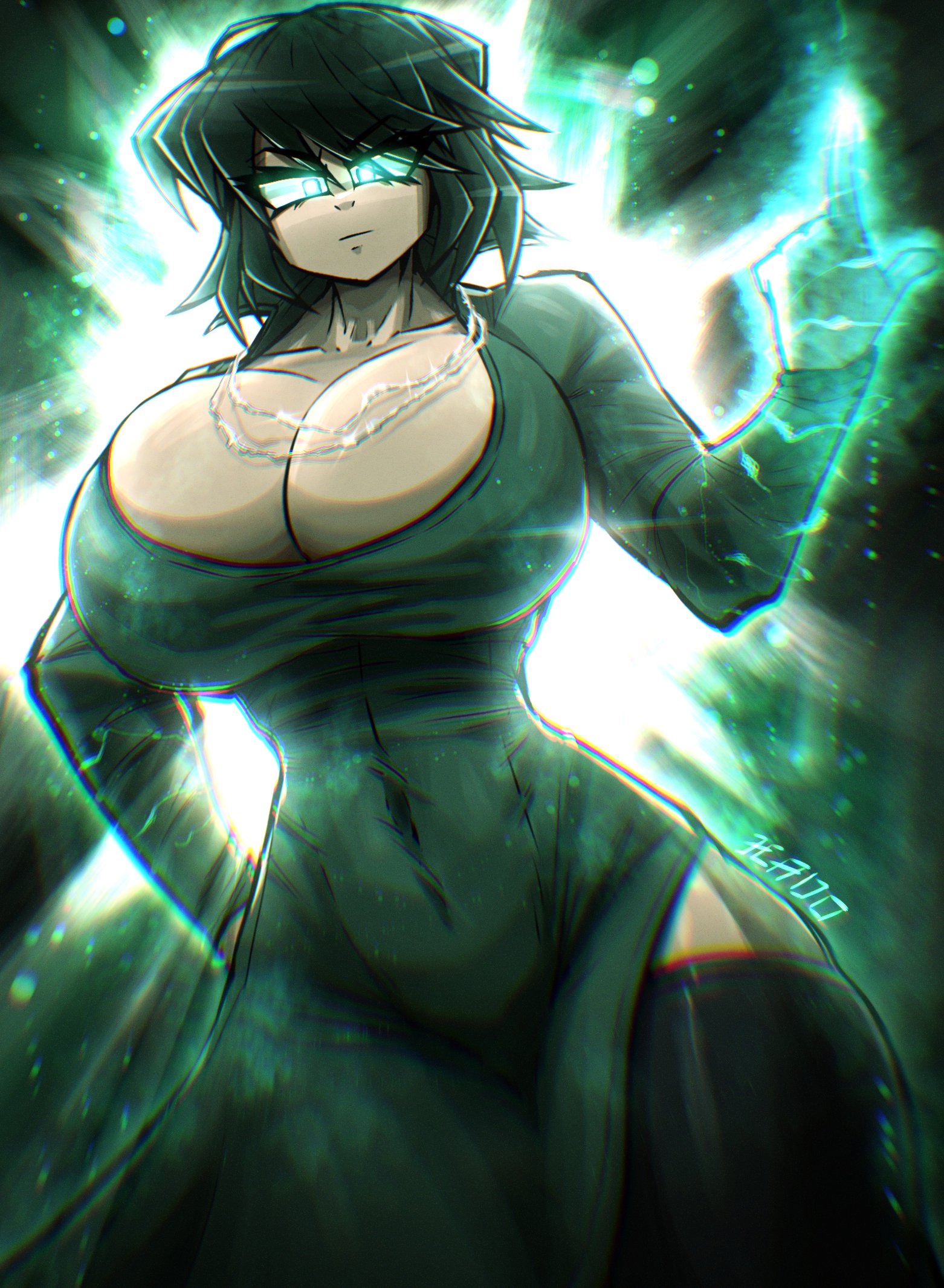1girls, big breasts, breasts, clothed, clothing, curvy, curvy female, dark hair, female, fubuki (one-punch man), green eyes, green hair, hips, huge breasts, large breasts, light skin, light-skinned female, looking at viewer, medium hair, midriff, one-punch man, solo, thighs, tight clothing, voluptuous, white skin, wide hips, zzzhodazzz