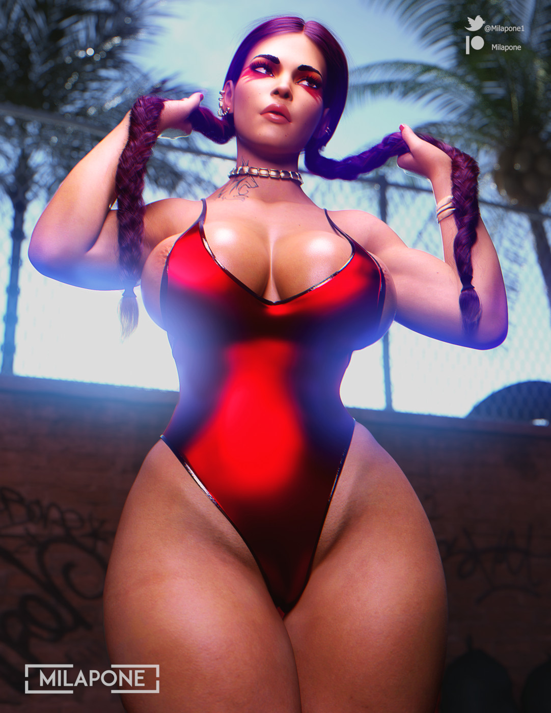 1girls, 3d, apex legends, big breasts, bracelet, braid, braided twintails, breasts, brown nipples, cleavage, clothing, dark skin, dark-skinned female, eyeshadow, female, female only, hi res, in water, jewelry, latina, leotard, loba (apex legends), makeup, mascara, milapone, nail polish, one-piece swimsuit, partially visible nipples, patreon username, red leotard, red nail polish, red nails, red swimsuit, respawn entertainment, solo, standing, swimsuit, tattoo, thick thighs, thighs, tied hair, twin braids, twintails, twitter username