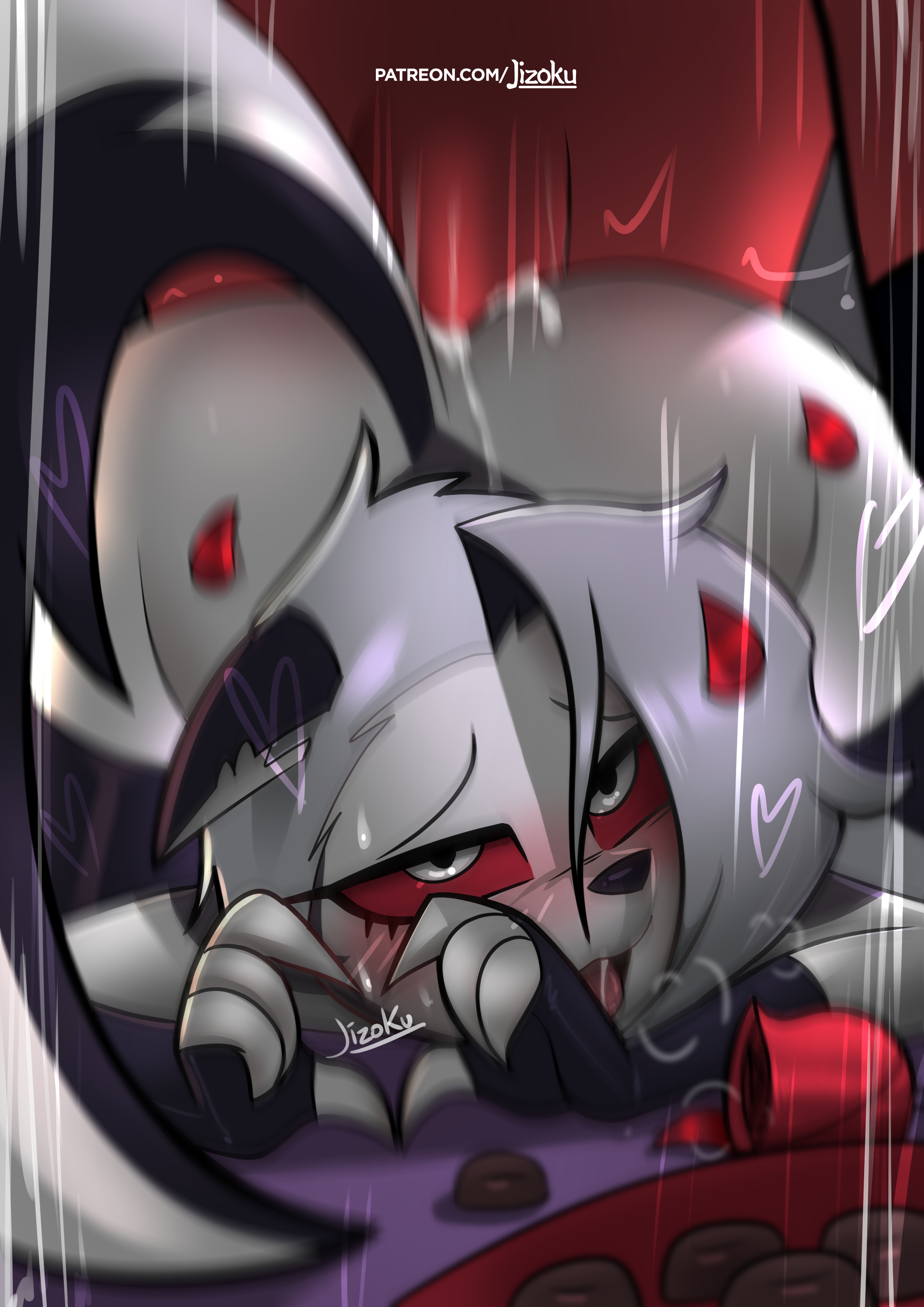1boy, 1girls, anal, ass, female, front view, furry, hellaverse, helluva boss, jizoku, loona (helluva boss), male, moxxie (helluva boss), thigh highs, thighhighs