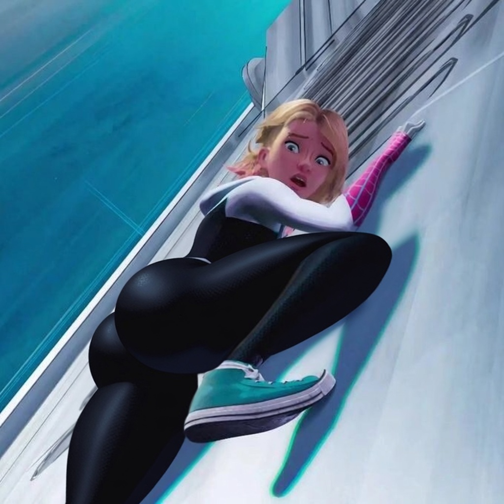 accurate art style, ass focus, big ass, gwen stacy, marvel, ruisensei, screenshot, screenshot edit, spider-gwen, third-party edit, tight clothing