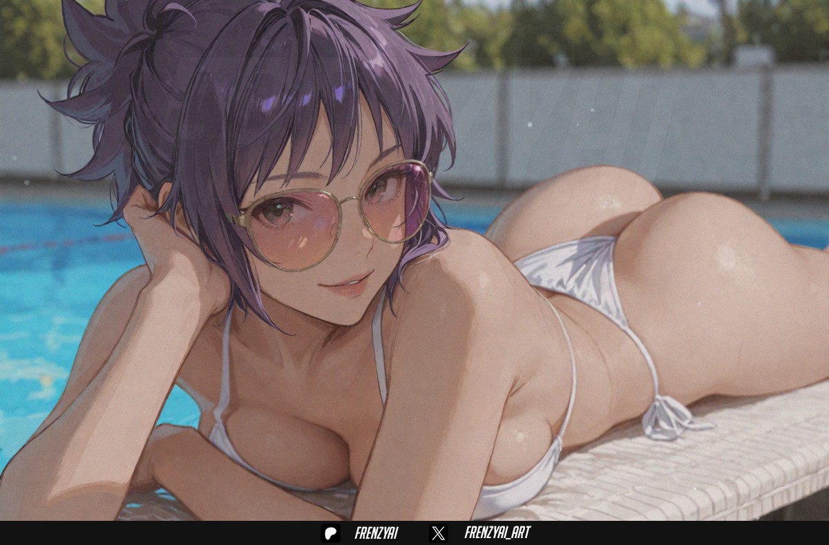 1girl, ai generated, ass, bikini, breasts, frenzyai, looking at viewer, looking over eyewear, lying, mitarashi anko, naruto (series), on stomach, parted lips, pink-tinted eyewear, pool, poolside, purple hair, smile, solo, sunglasses, swimsuit, thong bikini, tinted eyewear, white bikini