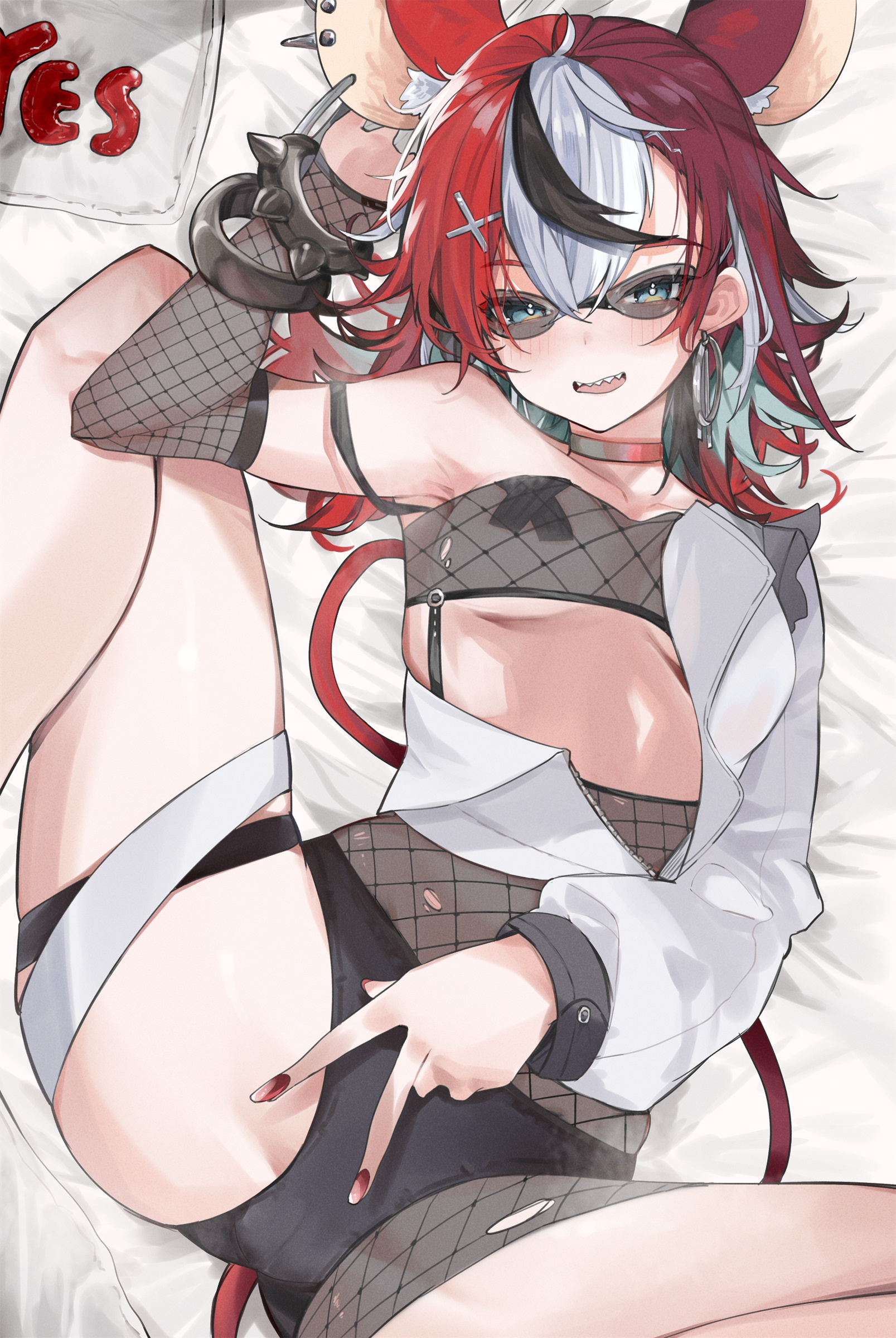 1girls, 4 ears, animal ears, appleseed art, arm bands, bangs, bed, bed sheet, bed sheet background, bed sheets, black fishnets, black hair, blue eyes, blushing, breasts, choker, clothed female, earrings, female, fishnet armwear, fishnet legwear, fishnet topwear, fishnets, hakos baelz, hakos baelz (snake eyes), hi res, hololive, hololive english, hololive english -council-, hololive english -promise-, hoop earrings, inner ear fluff, kemonomimi, leg up, legs spread, lewd, lewd gesture, looking at viewer, lying, lying down, lying on back, mouse ears, mouse tail, mouth open, multicolored hair, nails, on back, on bed, open jacket, painted nails, panties, pasties, peace sign, pierced ears, pillow, rat ears, rat tail, red hair, ripped clothes, see-through clothing, short hair, short shorts, shorts, skimpy, small breasts, solo, spiked armband, sunglasses, thigh strap, thighs, undressing, v, virtual youtuber, white hair, x pasties, yes pillow