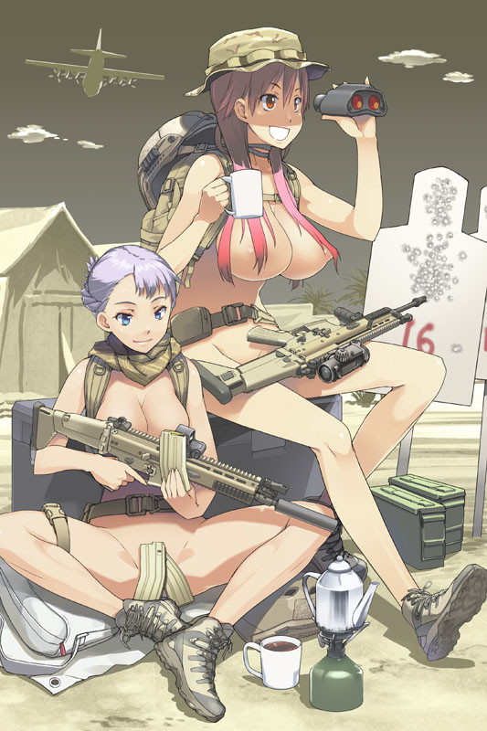 2girls ammunition areola_peek asaki_takayuki belt belt_pouch binoculars blue_eyes c-130_hercules camp_stove casual_nudity coffee coffee_mug convenient_censoring covered_breasts covered_pussy desert female_only female_soldier fn_scar functionally_nude_female green_sky gun hair_on_breasts holding_gun holding_weapon magazine_(weapon) military military_backpack military_base military_belt military_boots military_cap military_hat military_helmet modified_gun mug nipple_peek no_sex nude nude_female palm_tree pink_hair purple_hair rifle rifleman sand scarf scope silencer smiling soldier strategically_covered strategically_placed_object suppressor target tarp teapot tent thigh_strap violet_hair weapon_on_lap