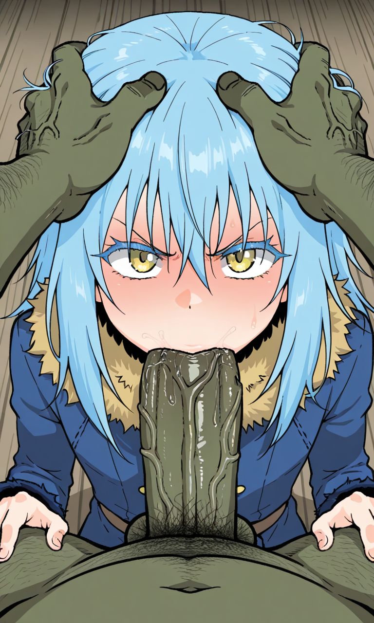 1boy, 1femboy, 1girls, ahemaru, ai generated, blowjob, blue hair, corruption, deepthroat, eyelashes, femboy, goblin, goblin male, green body, green penis, green skin, kyoru189, light skin, light-skinned female, looking at viewer, male pov, penis, rimuru tempest, solo, solo female, tensei shitara slime datta ken, thick penis, yellow eyes