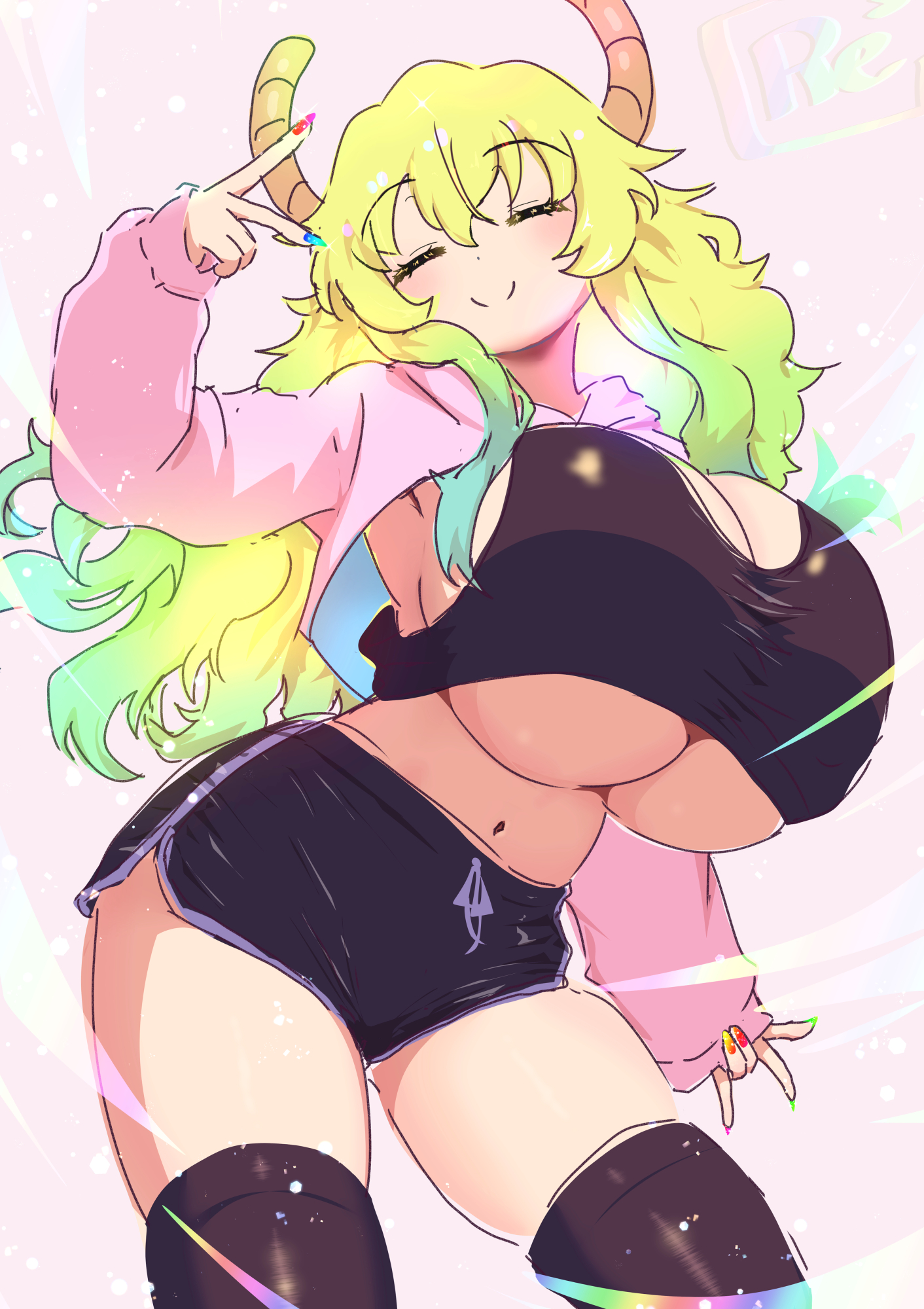 arm at side, black thighhighs, blush, cleavage, closed eyes, closed mouth, contrapposto, cowboy shot, crop top, curvy, dolphin shorts, gigantic breasts, gyaru, gyaru v, jacket, legs apart, lucoa, miss kobayashi's dragon maid, open jacket, ozrereresan, painted nails, smile, thick thighs, topwear, underboob, voluptuous, wide hips