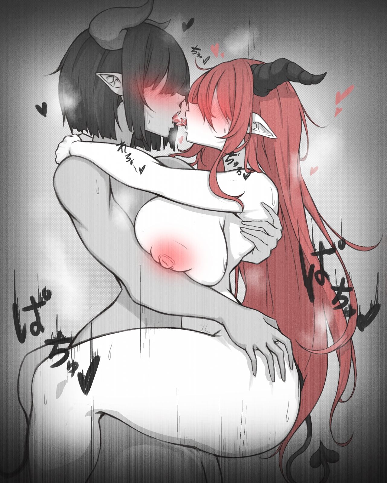 1futa, 1girls, areolae, big breasts, breasts, dark skin, dark-skinned futa, demon, demon girl, duo, female, femsub, french kiss, futa on female, futadom, futanari, horns, humanoid, intersex, kissing, kissing while penetrated, light skin, light-skinned female, long ears, monster girl, nipples, nude, original, pussy, red hair, rikuguma, sex, sidelocks, standing, standing sex, suspended, suspension, tagme, thick thighs, tongue, tongue out, upright straddle, vaginal penetration, wide hips