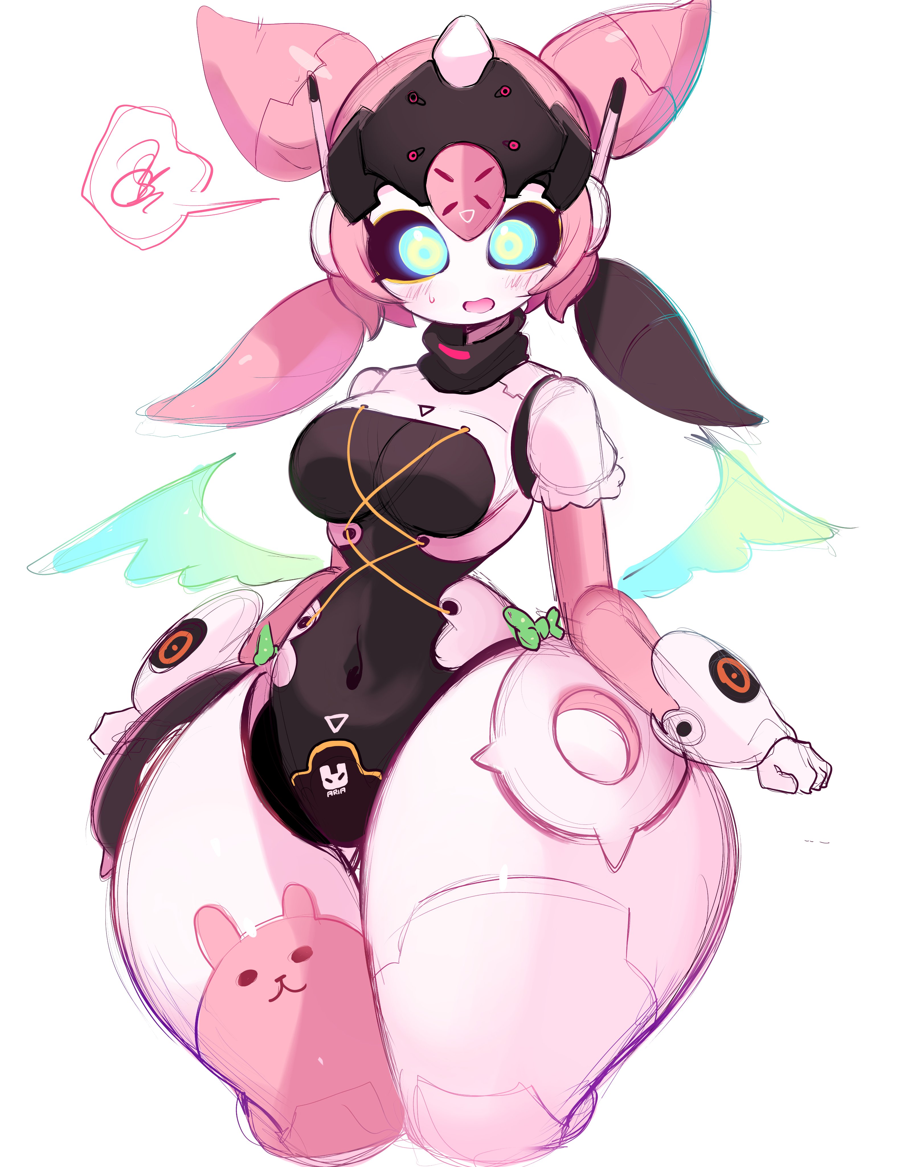 1girls, angels of delusion, aria (zenless zone zero), aria (zenless zone zero) (robot form), arms at sides, blush, bottom heavy, curvy, embarrassed, frustrated, gigantic ass, gigantic thighs, hyper ass, hyper thighs, large breasts, looking down, nervous, reinsleif, robot, robot girl, rox hoxten, shy, spoken squiggle, thick thighs, voluptuous, wide hips, zenless zone zero