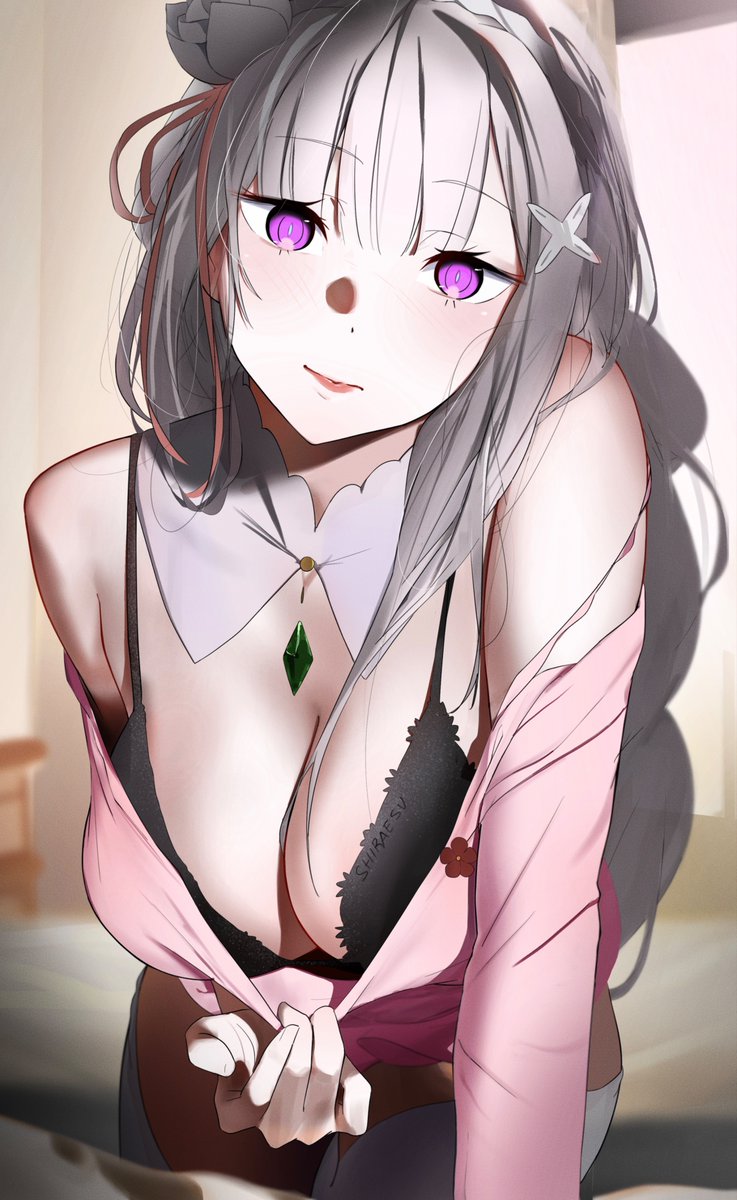 1girls, bra, breasts focus, breasts out, cleavage, dress pull, elf, elf ears, elf female, emilia (re:zero), exposed breasts, half-dressed, large breasts, leaning forward, looking at viewer, offering to viewer, purple eyes, re:zero kara hajimeru isekai seikatsu, shiraesu, silver hair, solo, underwear, white hair