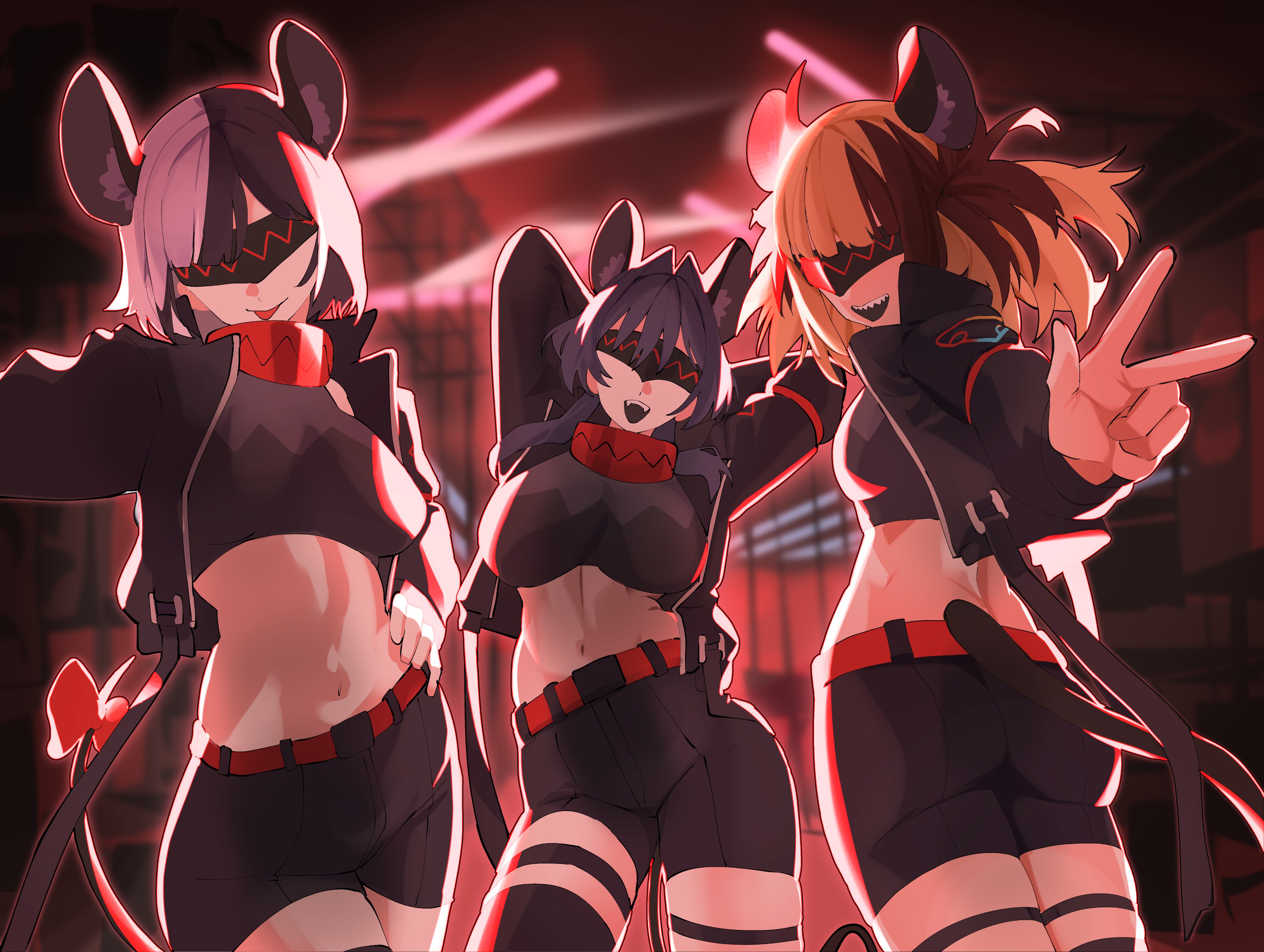 3girls, animal ears, arms behind head, ass, backup dancer (hakos baelz), belt, black hair, blindfold, blindfold mask, blonde hair, blue hair, breasts, brown hair, clothed, clothed female, collar, cosplay, crop top, facing away, gigi murin, hair intakes, hair vents, hand on hip, hips, hololive, hololive english, hololive english -advent-, hololive english -council-, hololive english -justice-, hololive english -promise-, inner ear fluff, jacket, koizumi arata, large breasts, looking at viewer, looking back, mask, masked, masked female, mouse ears, mouse tail, mouth open, multicolored hair, navel, open jacket, ouro kronii, peace sign, rat ears, rat tail, ribbon, sharp teeth, shiori novella, short hair, shorts, small breasts, smiling, thigh strap, thighhighs, thighs, tongue, tongue out, twin tails, two-tone hair, virtual youtuber, white hair