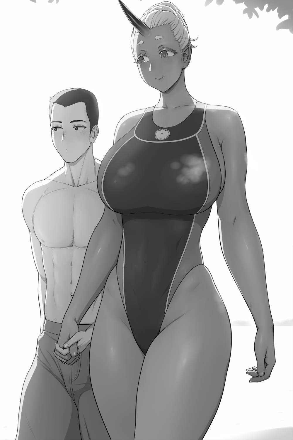 1boy 1girls black_hair bushu_(lvl) dark-skinned_female dark_skin female hand_holding hi_res human light-skinned_male light_blush light_skin looking_at_partner looking_away lvl lvl_(sentrythe2310) male monochrome oni oni_horns original original_character size_difference smiling swimsuit taller_girl tied_hair white_background white_hair wholesome