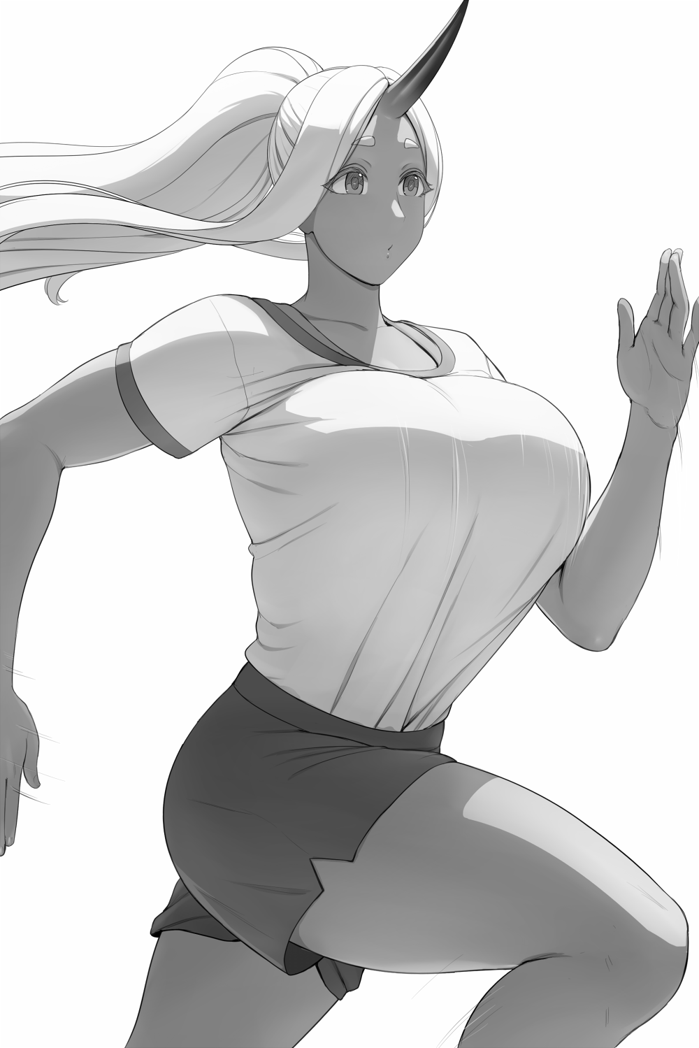 1girls bouncing_breasts bushu_(lvl) dark-skinned_female dark_skin female female_only hi_res jogging long_hair lvl monochrome oni oni_horns original original_character ponytail running solo solo_female sportswear thick_thighs white_background white_hair