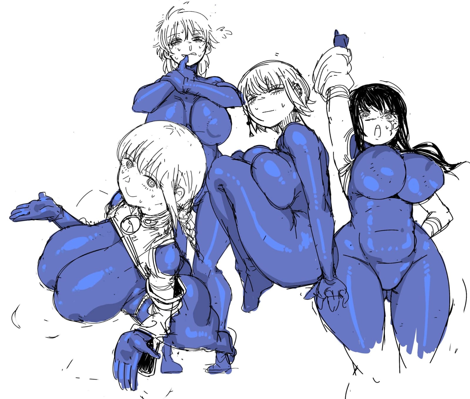 4girls, big ass, big breasts, bodysuit, breasts, breasts press, breasts pressed together, chainsaw man, cosplay, dark hair, death devil (chainsaw man), erect nipples, fami (chainsaw man), fat ass, four horsemen, hourglass figure, hourglass figured female, huge breasts, large breasts, makima (chainsaw man), massive breasts, nervous, nervous smile, nervous sweat, nipple bulge, round ass, scar, scar on face, short hair, sweat, sweatdrop, sweating, thick thighs, thighhighs, thighs, tied hair, tight clothing, twentty21one, white background, worried, yoru (chainsaw man)