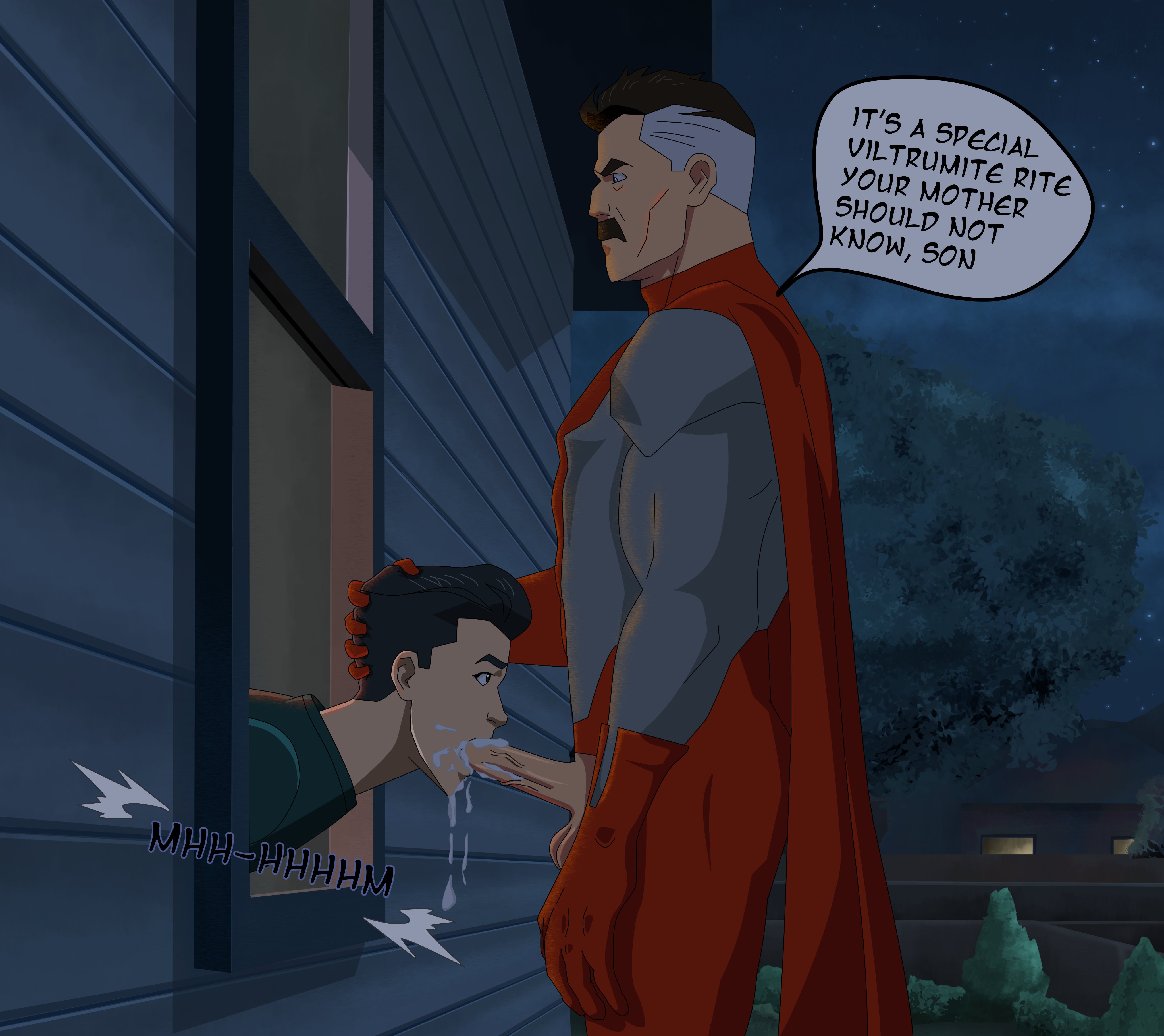 blowjob, cape, cheating boyfriend, cheating husband, cumming, dad and son, daddy, daddy and twink, daddy kink, gay, gay incest, gay male, gay sex, graying hair, incest, invincible, invincible (comics), invincible (superhero), invincible (tv series), mark grayson, moustache, nolan grayson, omni-man, oral, outside, potential licker, public, skinny, superhero, viltrumite, window, young and old, younger male
