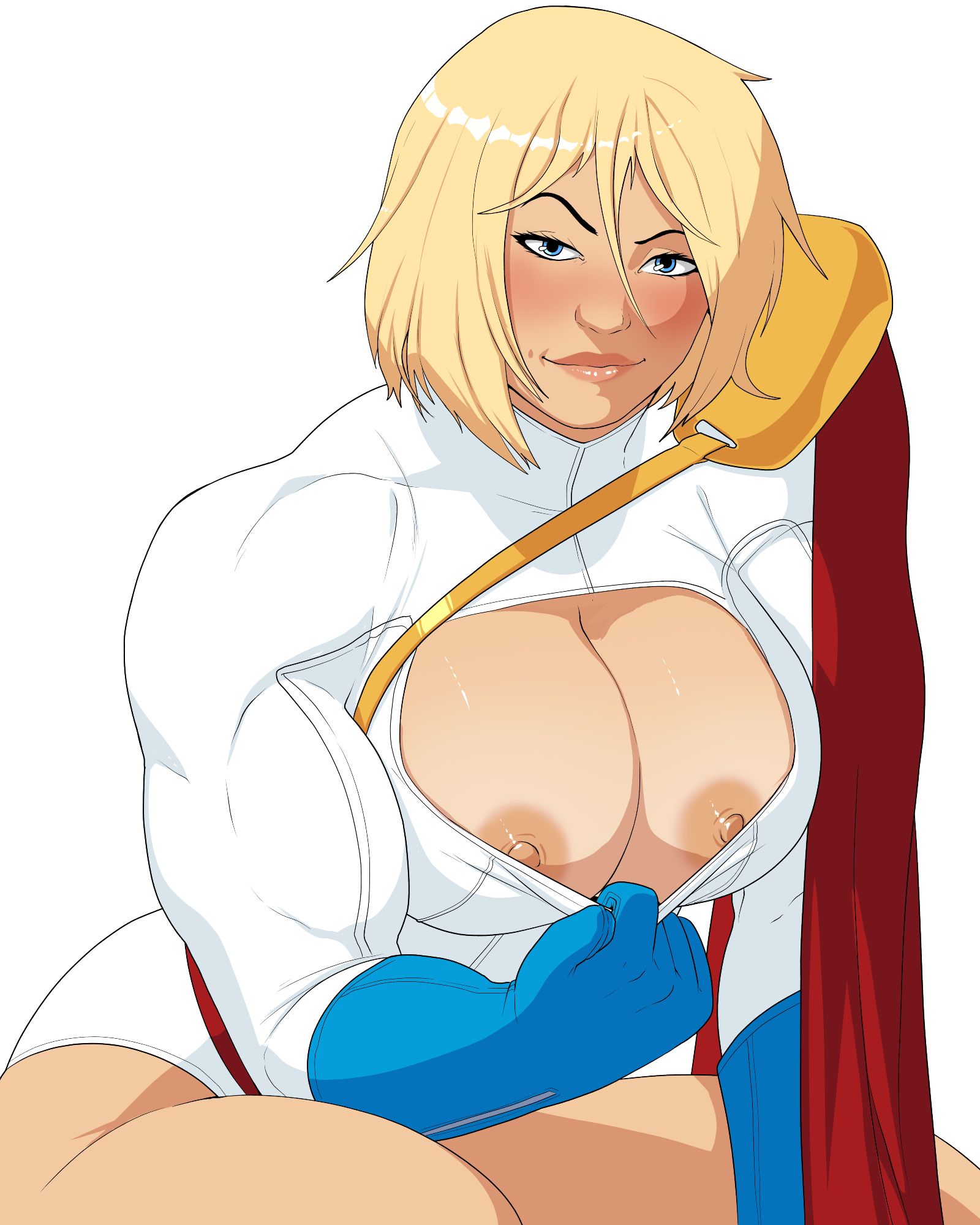 2d, biceps, big breasts, blonde hair, blue eyes, breasts, cadhla182, cleavage, cleavage cutout, dc, dc comics, dylan macri, female, female focus, female only, flashing, flashing breasts, hourglass figure, large breasts, muscles, muscular, muscular female, nipples, power girl, superman (series), tagme, wide hips