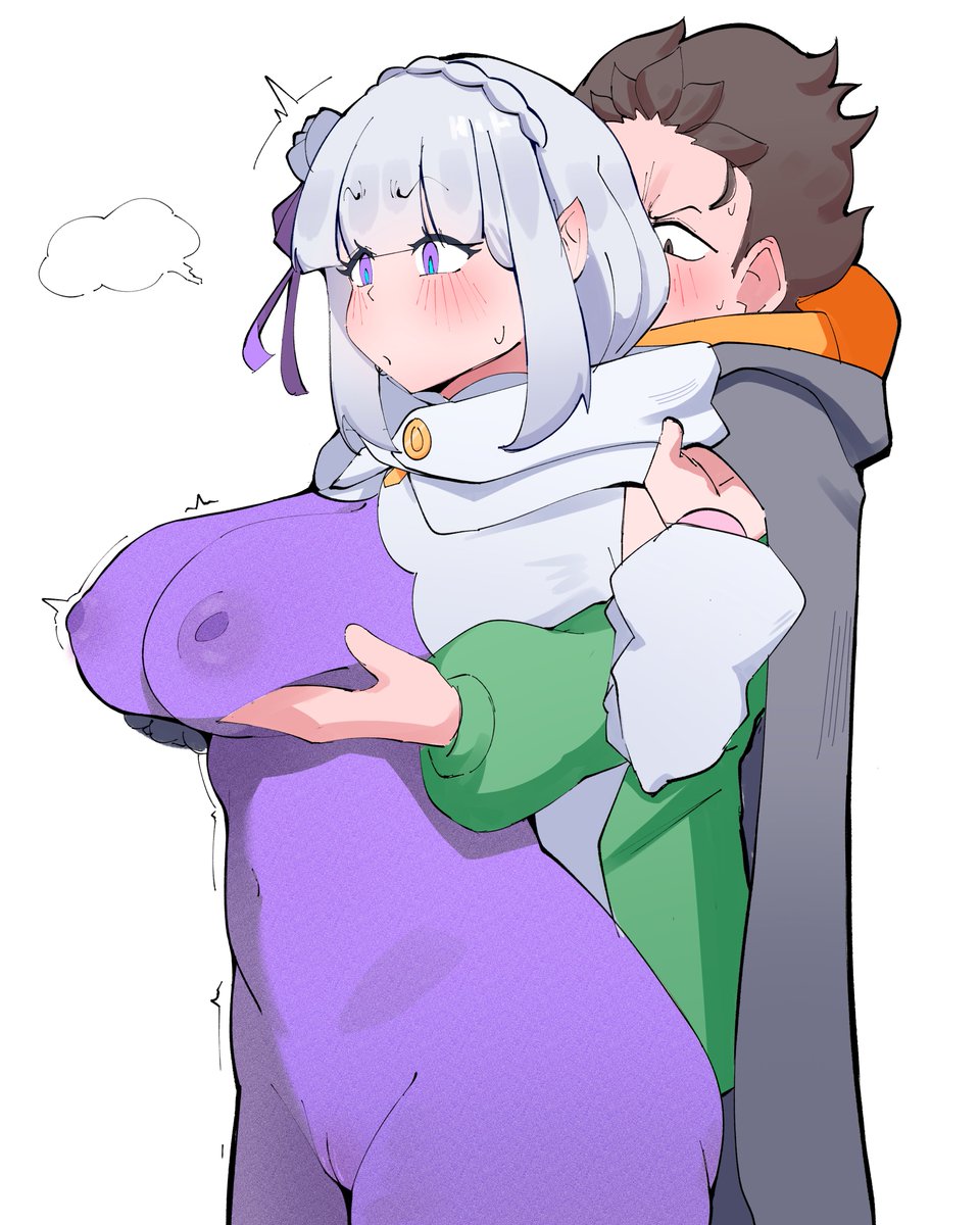 1boy, 1girls, blushing, breast grab, cameltoe, dominant male, elf, elf ears, elf female, emilia (re:zero), grabbing from behind, groping breasts, hips, large breasts, natsuki subaru, nipples visible through clothing, purple eyes, re:zero kara hajimeru isekai seikatsu, rikkachan 1117, shaking, silver hair, skin tight suit, standing, submissive female, thick thighs, white background, white cloak, white hair