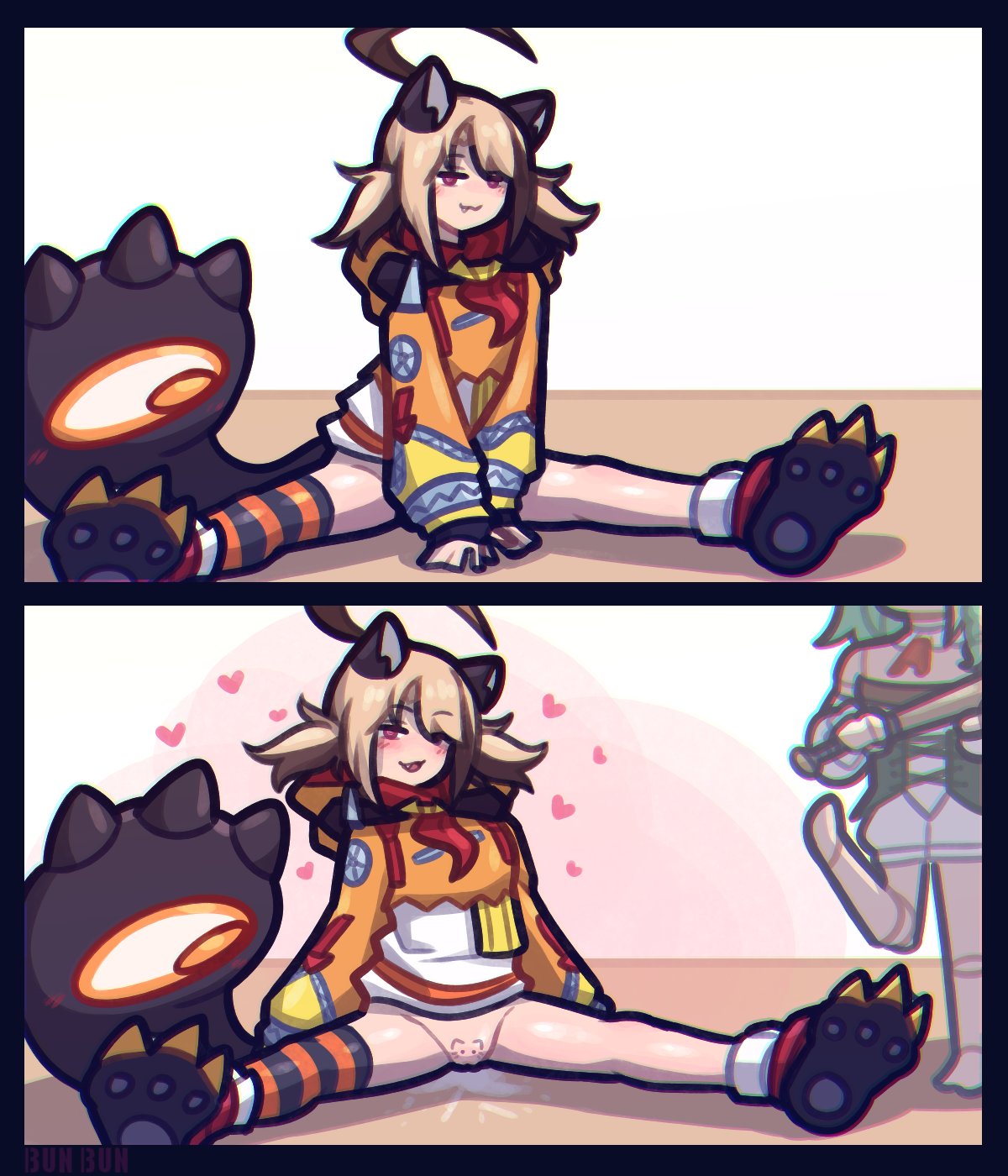2026, 2girls, 2koma, ahoge, arms in front, bat, big tail, bottomless, bunbbun1, cat ears, cecilia immergreen, cecilia immergreen (1st costume), do you want to pet my cat (meme), gigi murin, gigi murin (1st costume), heart, hololive, hololive english, hololive english -justice-, humor, legs apart, legs spread, looking at viewer, no panties, pussy juice, sequence, tagme, tail, thick tail, virtual youtuber