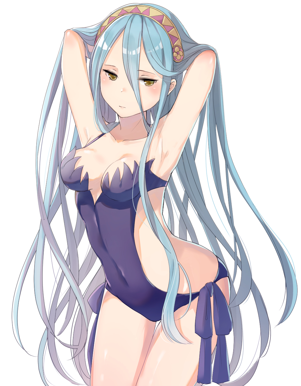 1girls alternate_version_available armpits arms_up azura_(fire_emblem) blue_hair blue_swimsuit breasts closed_mouth commentary_request female female female_only fire_emblem fire_emblem_fates hair_between_eyes haru_(nakajou-28) highres long_hair medium_breasts more_at_source navel nintendo one-piece_swimsuit simple_background solo swimsuit white_background yellow_eyes