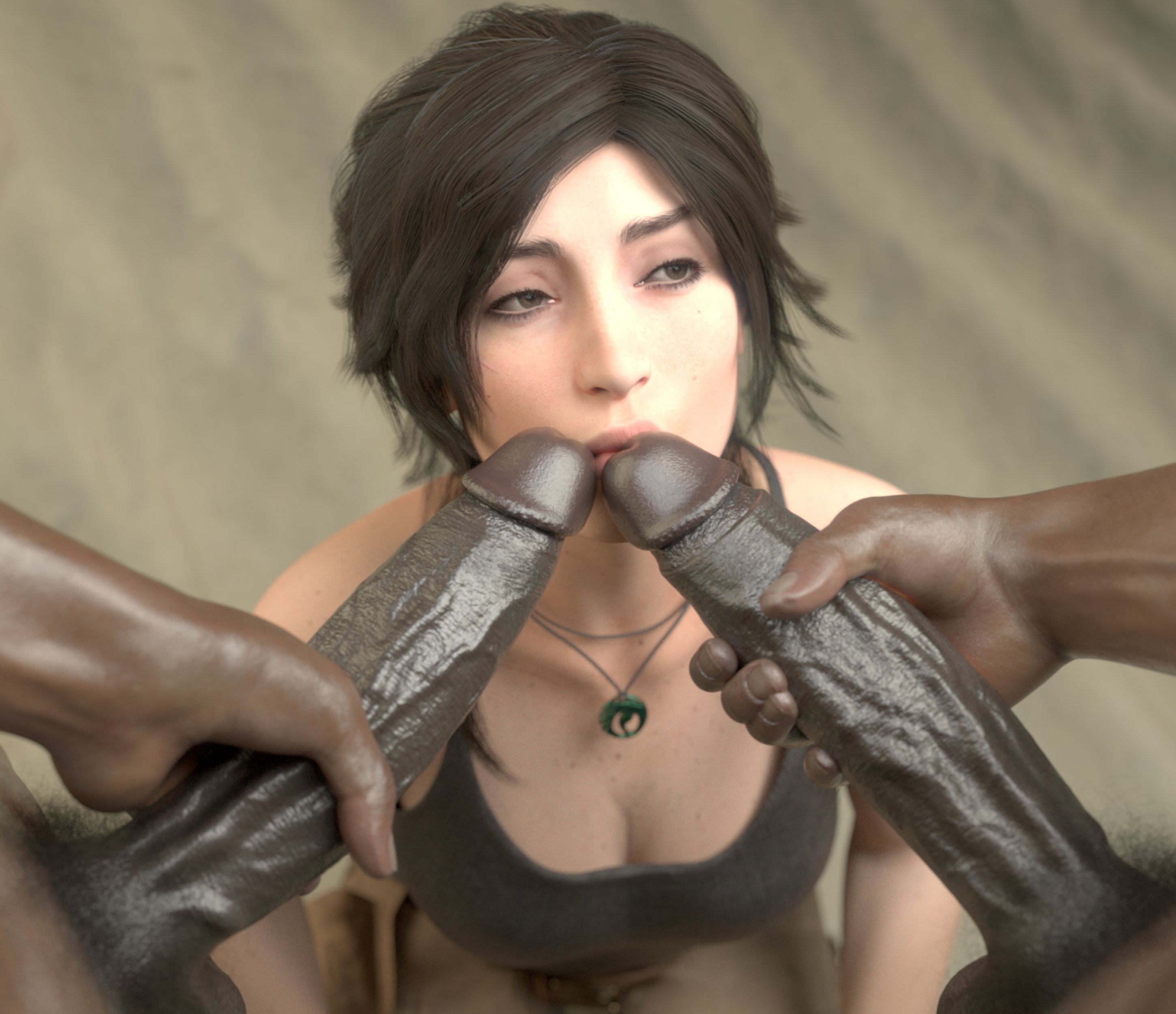 1girls, 2boys, 3d, big penis, blender, brown hair, cabezadeperro00, dark skin, dark-skinned male, double fellatio, huge balls, huge penis, imminent oral, imminent sex, interracial, lara croft, light skin, light-skinned female, lips on penis, male, oral invitation, penis, pov, tomb raider, veiny penis