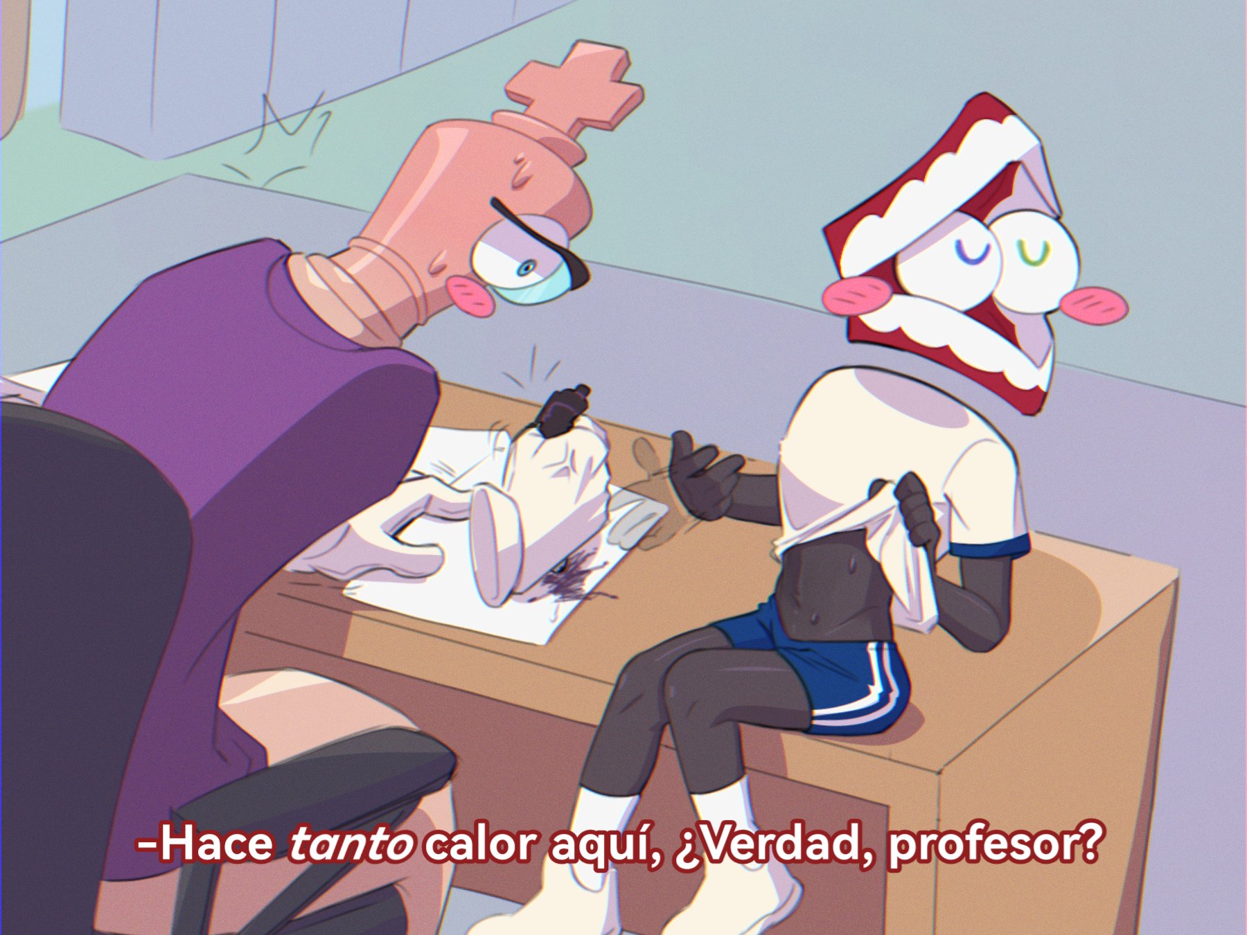 2boys, blush, caine (the amazing digital circus), clothed, gay, kinger (the amazing digital circus), provocative, school uniform, spanish text, teacher and student, the amazing digital circus, yaoi