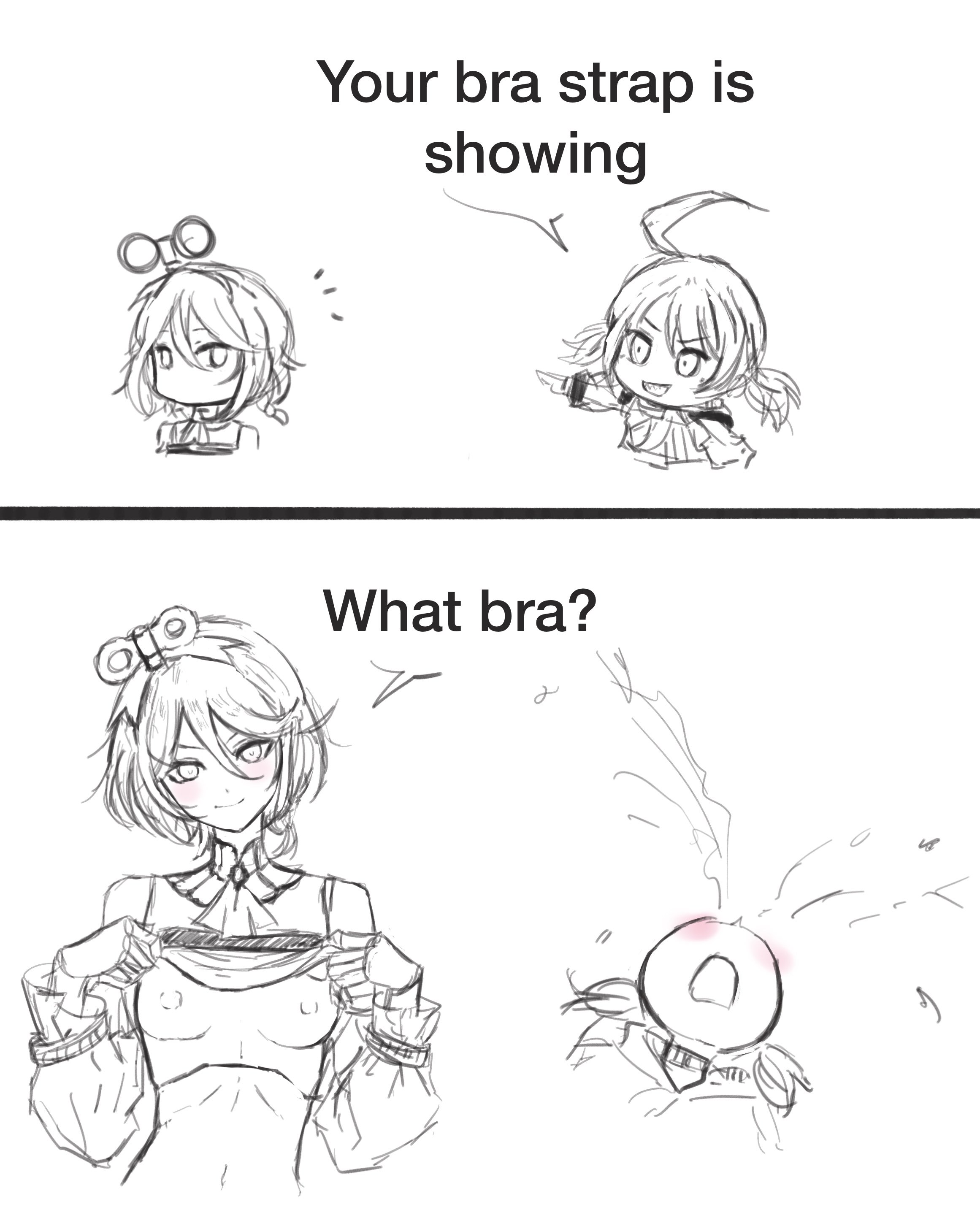 ahoge, artist request, blush, cecilia immergreen, exposed breasts, flat chest, gigi murin, hololive, hololive english, joints, lifting shirt, nose bleed, nosebleed, sketch, small breasts, trend, virtual youtuber, your bra strap is showing (meme)