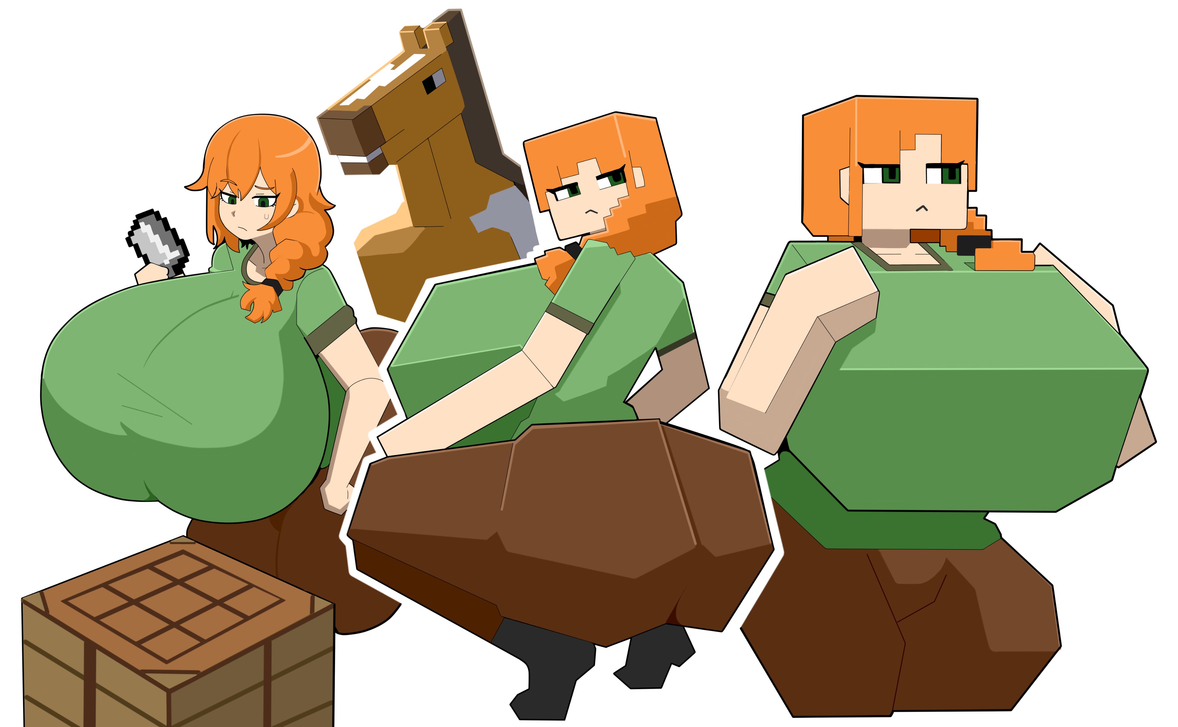 1girl, 1girls, alex (minecraft), big ass, big breasts, blocky body, bored, bored expression, casualdemo, gothic taco, horse, minecraft, minecraft mob, squatting, tagme, thick, unamused, voluptuous