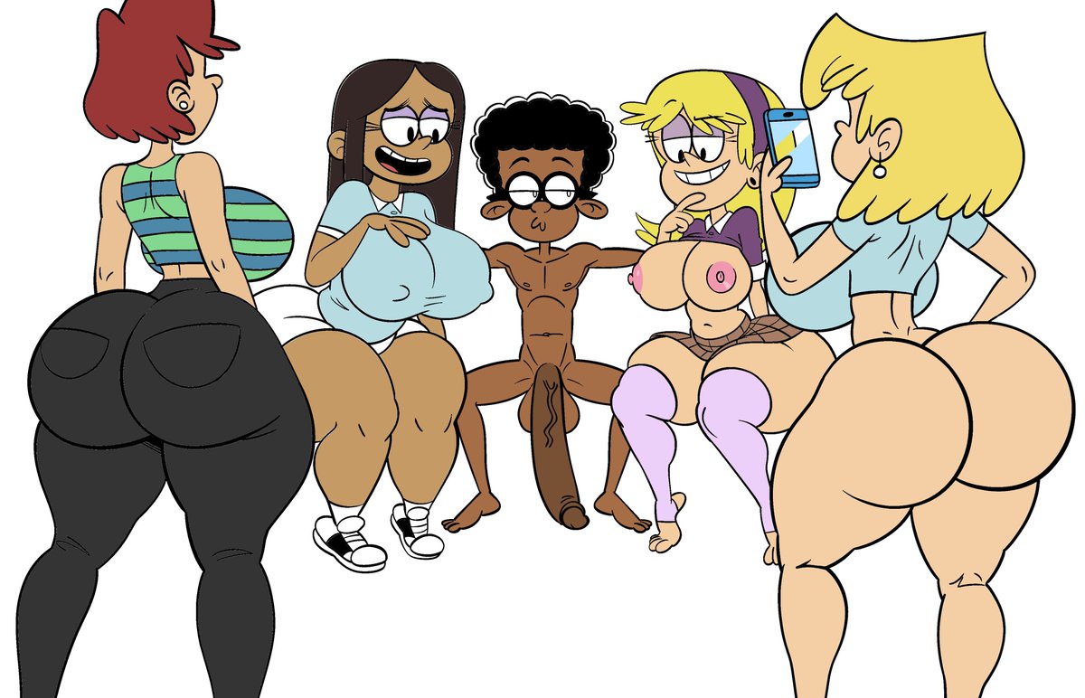 1boy, 2026, 2d, 2d artwork, 4girls, 4girls1boy, back view, becky (the loud house), big ass, black hair, black shirt, blackmorty (artist), blonde hair, bottomless female, breasts out, brown hair, carol pingrey, character request, clothed, clothing aside, clyde mcbride, curvaceous figure, dark-skinned male, eager, ear piercing, eyeshadow, facing away, fat ass, female, fully clothed, glasses, hand on chest, hand on hip, harem, headband, huge penis, interracial, long hair, lori loud, marisa (the loud house), multiple girls, neck length hair, nipple bulge, nude male, nude male clothed female, pants, phone, purple clothing, red hair, shirt lift, shorts, skinny male, skirt, sleeveless shirt, smile, t-shirt, the loud house, thick thighs, thighhighs, third-party edit, voluptuous, white background