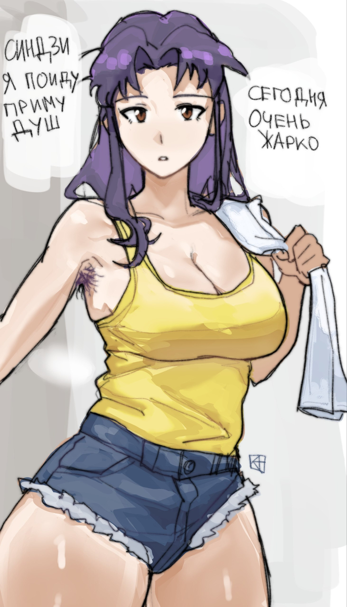 akioando, armpit, armpit hair, armpits, boobs, clothed, female armpit hair, hairy armpits, katsuragi misato, misato katsuragi, neon genesis evangelion, tank top