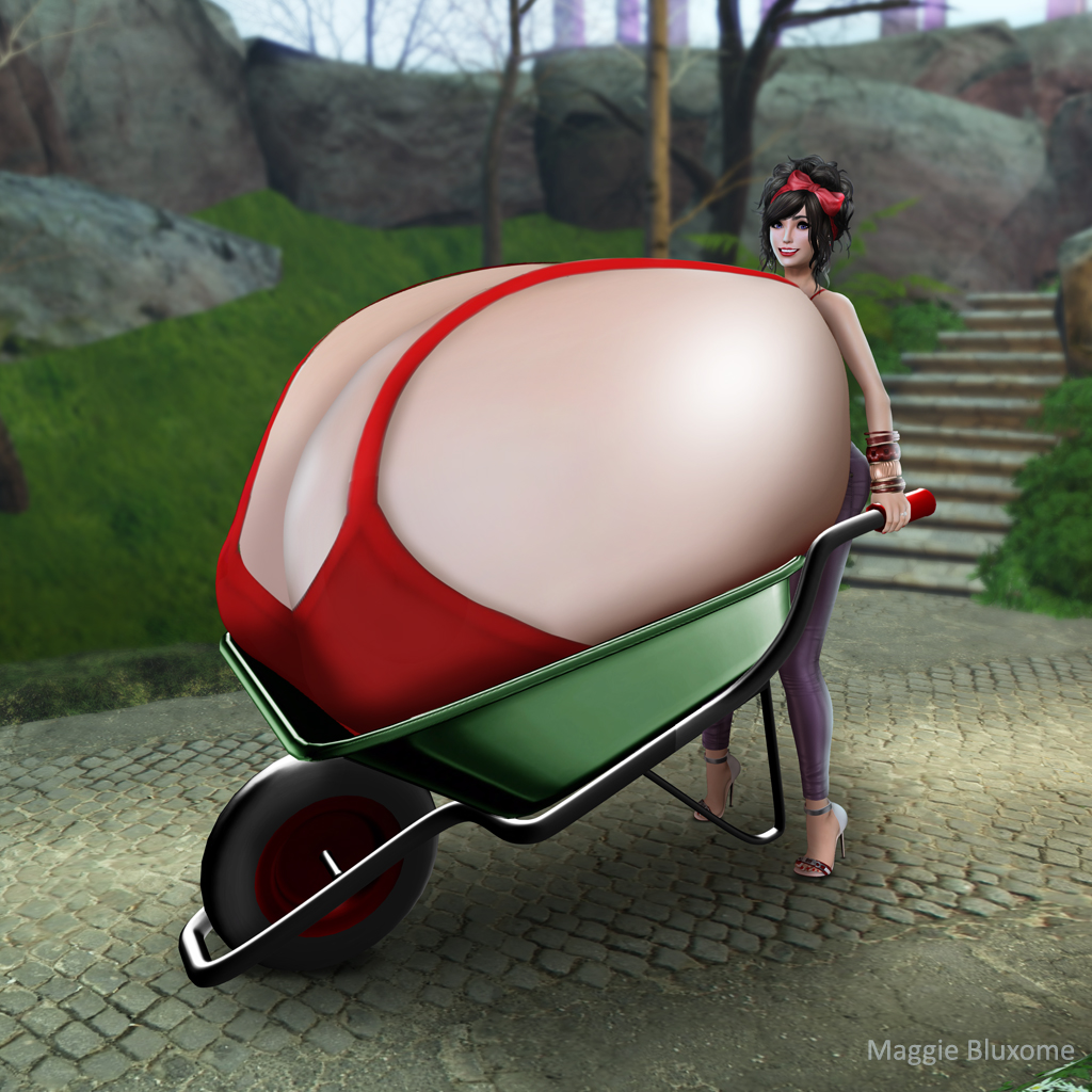 1girls big_breasts black_hair fully_clothed gigantic_breasts high_heels huge_breasts hyper_breasts maggie_bluxome_(artist) massive_breasts red_shirt second_life tight_clothes tight_pants wheelbarrow