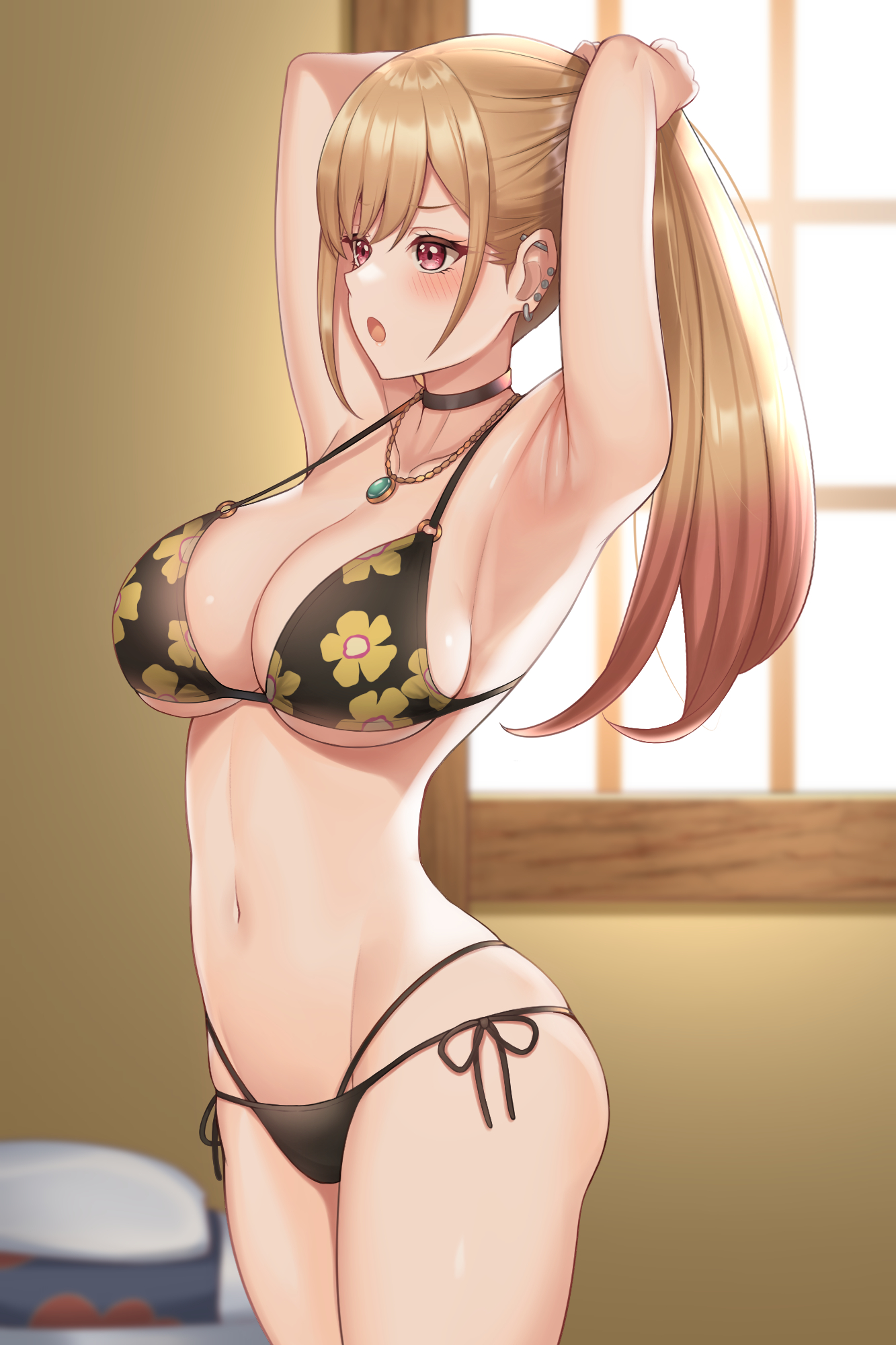 1girls, alternate costume, armpits, arms behind head, big breasts, bikini, black bikini, blonde hair, breasts, busty, choker, female, female only, gyaru, kitagawa marin, komainu (yamaha1997), large breasts, legs, light skin, light-skinned female, navel, official alternate costume, pose, posing, sensual, sexy armpits, sfw, solo, solo female, sono bisque doll wa koi wo suru, swimsuit, thighs