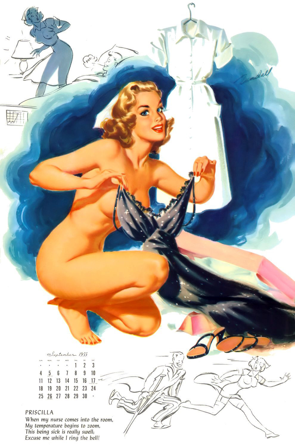 1950s 1955 1girls 20th_century 50's_theme 50s barefoot bill_randall blonde_hair breasts calendar_(medium) chasing covering_breasts crouching crouching_female english_text female female_only garter_straps looking_at_viewer naked naked_female nightgown nude nude_female nurse nurse_cap nurse_uniform original original_artwork pin_up pin_up_girl pinup pinup_art pinup_girl pinup_pose priscilla running_away see-through_clothing september_(month) side_view solo squatting straight_hair text vintage