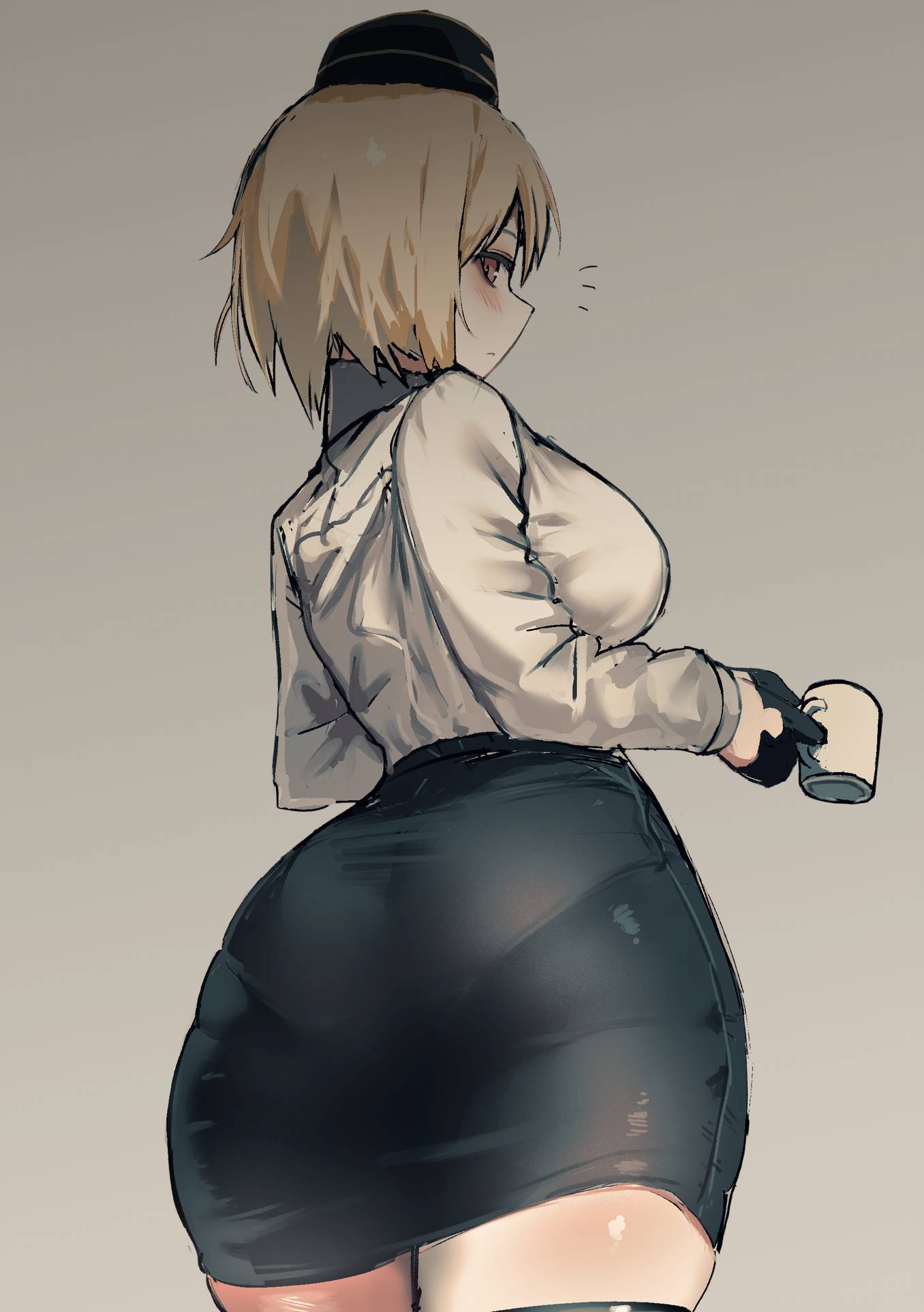 akitaka_takaaki ass black_skirt blonde_hair breasts coffee_mug cup female from_behind garrison_cap girls'_frontline grey_background hat high-waist_skirt highres large_breasts looking_at_viewer looking_back mp40_(girls'_frontline) mug pantylines red_eyes short_hair simple_background skirt solo