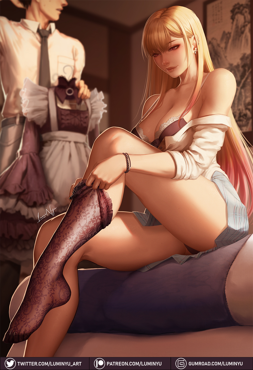 1boy, 1girls, 2022, bed, bedroom, blonde hair, breasts, cleavage, cute, dressing, feet, female, full lips, gojou wakana, gyaru, kitagawa marin, leg lift, legs, legs up, legwear, lingerie, luminyu, male, marin kitagawa, panties, pierced ears, piercing, piercings, pink eyes, pink hair, school uniform, schoolgirl, skirt, sono bisque doll wa koi wo suru, teenager, thick thighs, thighs, tights, two-tone hair, unbuttoned, unbuttoned shirt, variant set, yellow hair